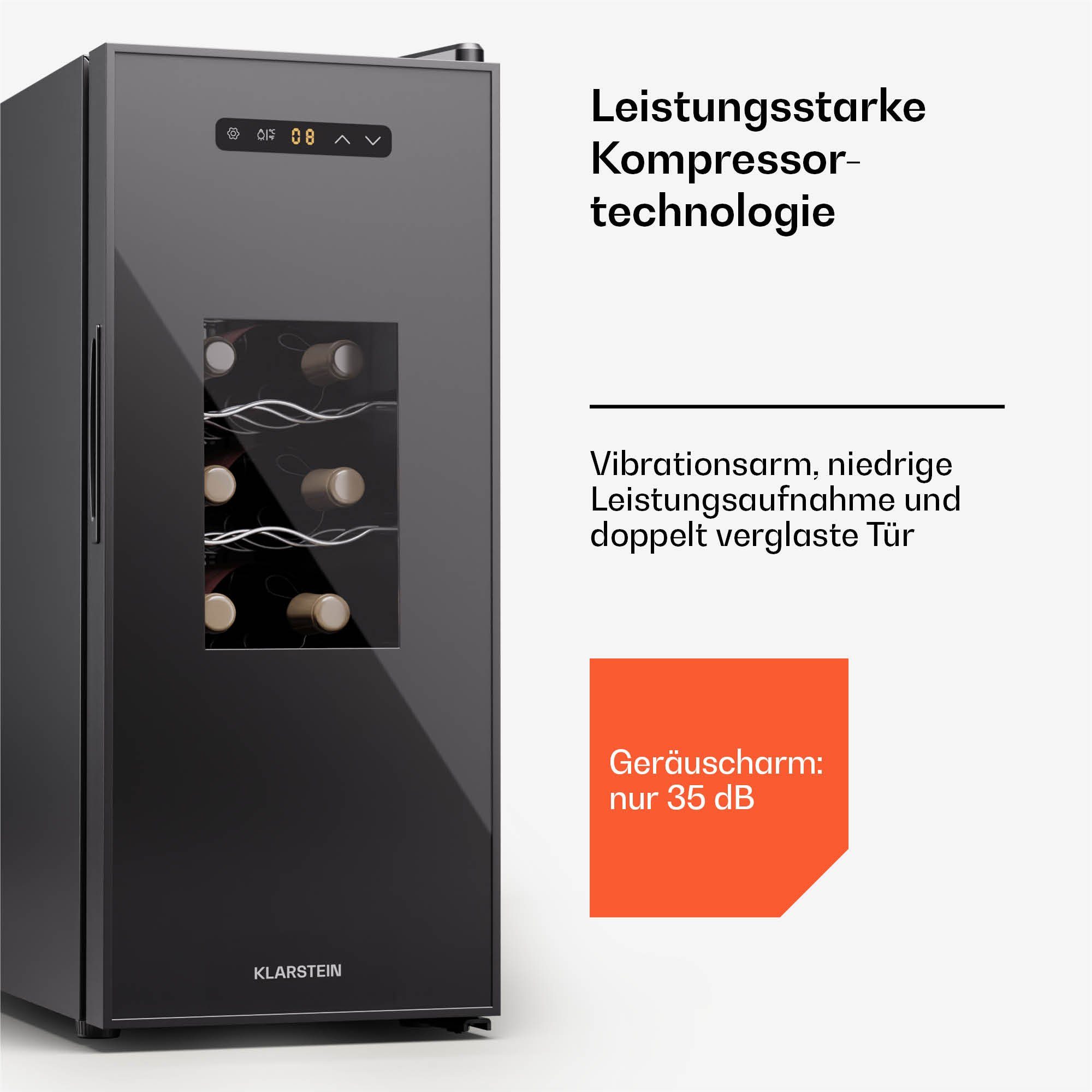Klarstein Weinkühlschrank Silent Vino 12 Uno Slim, für 12 Standardflaschen á 0,75l,Wein Flaschenkühlschrank Weintemperierschrank Weinschrank Kühlschrank