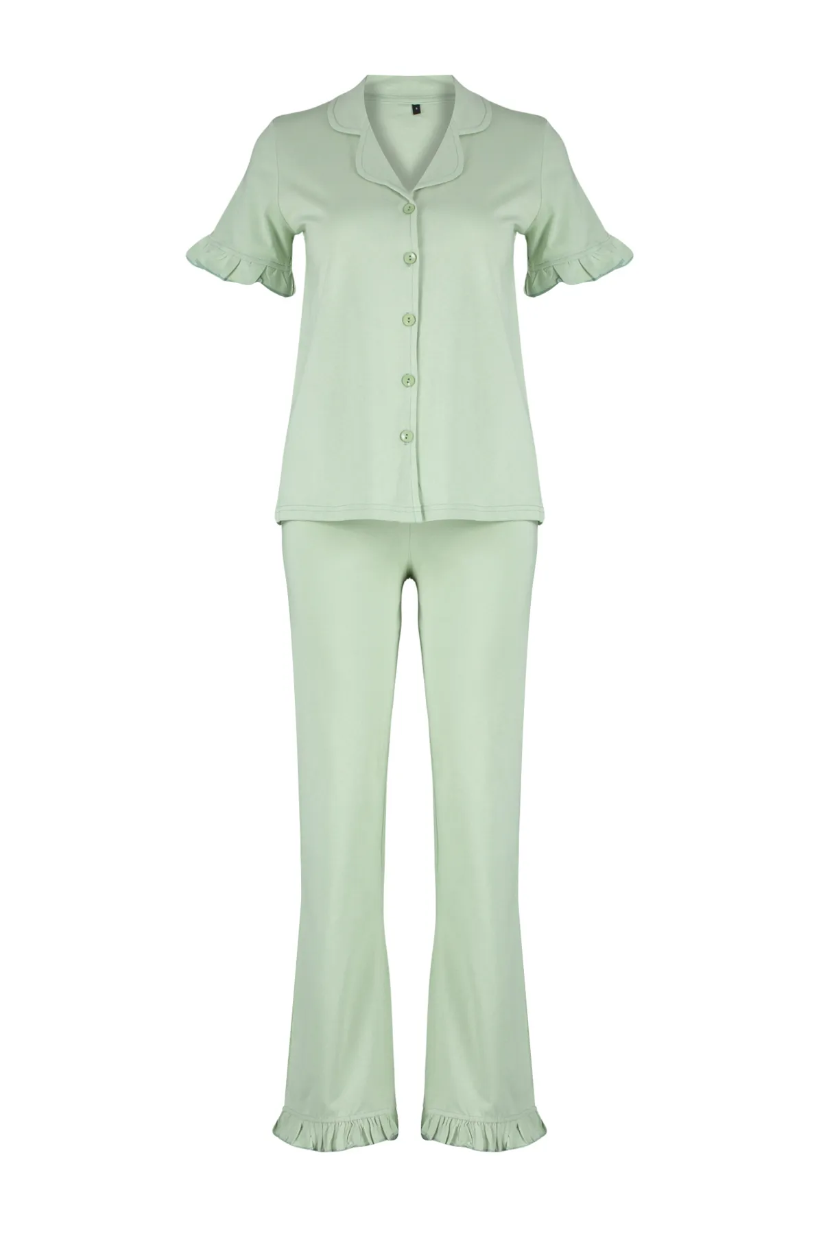 Trendyol Collection  Mintgrünes Pyjama-Set aus 100 % Baumwolle mit Rüschendetail THMSS24PT00223