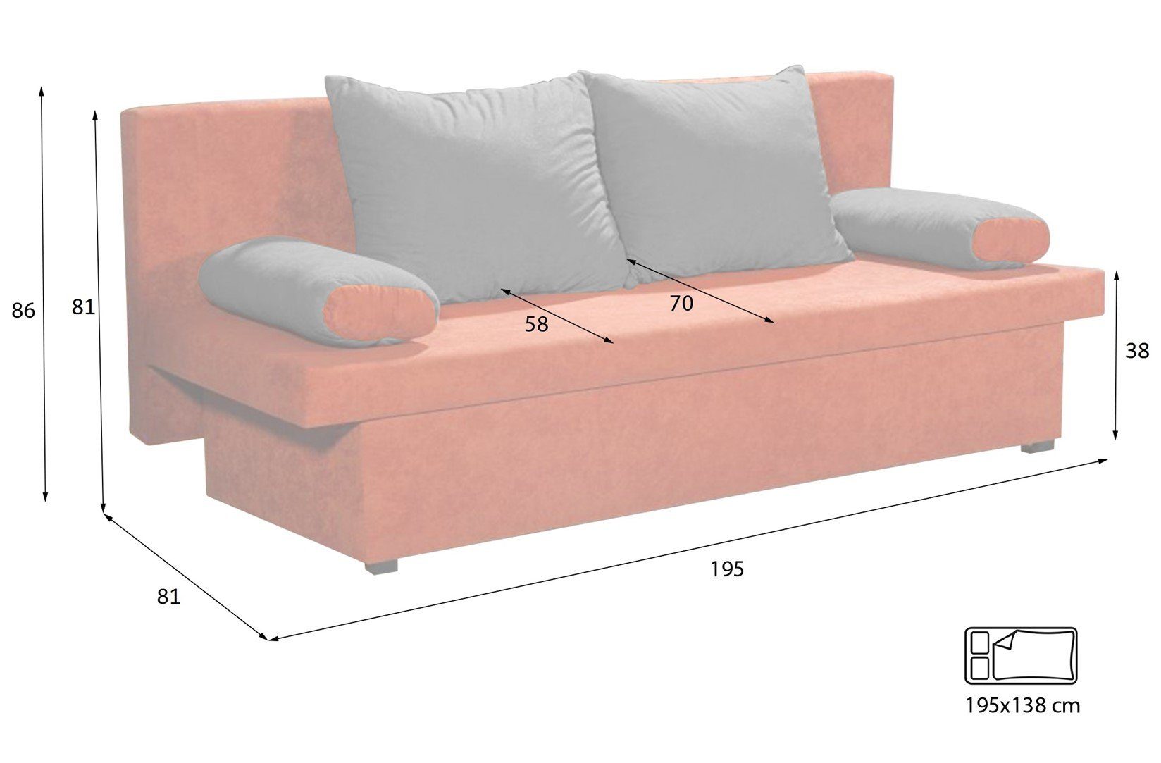 Fun Möbel Schlafsofa Sofa DANNY inkl. Bettkasten, inkl. 2 Rückenkissen und 2 Kissenrollen, inkl. Bettkasten