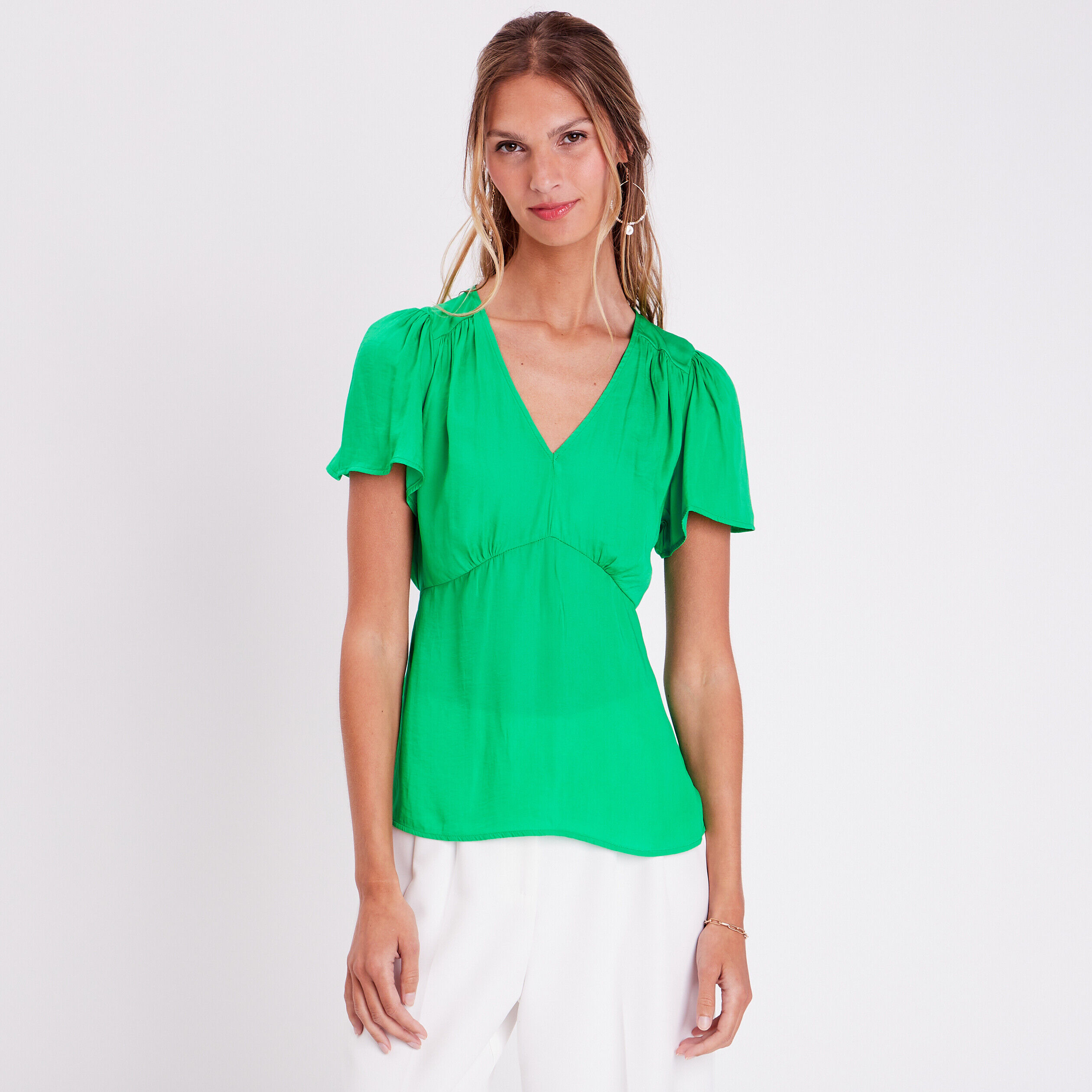 Blouse manches courtes satin vert femme | Cache Cache