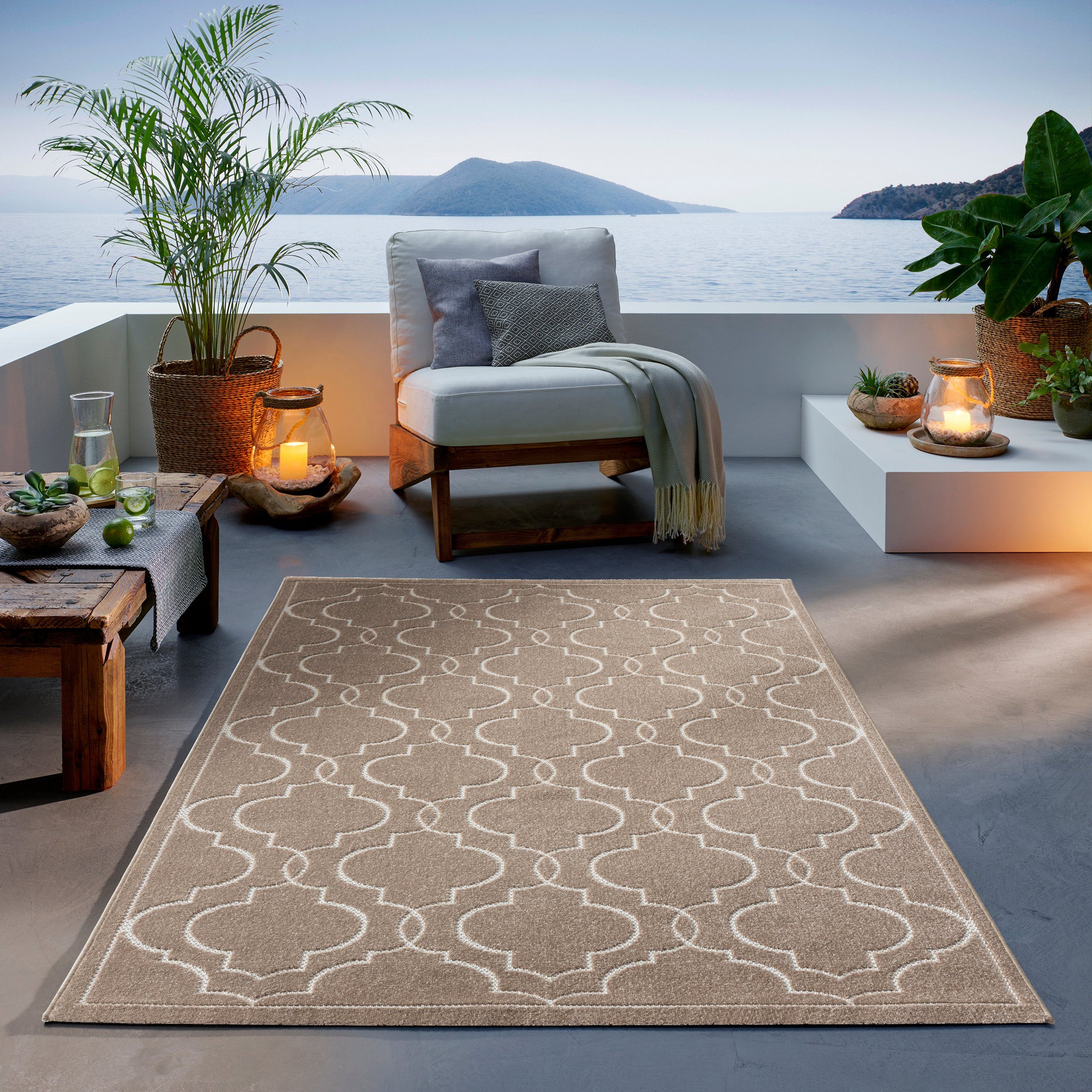 Teppich Outdoor & Indoor Teppich wetterfest waschbar Florentiner Design, TaCa Home, rechteckig, Höhe: 5 mm, Terrasse Balkon Garten Wohnzimmer Bad Küche, Beige - 80x150cm