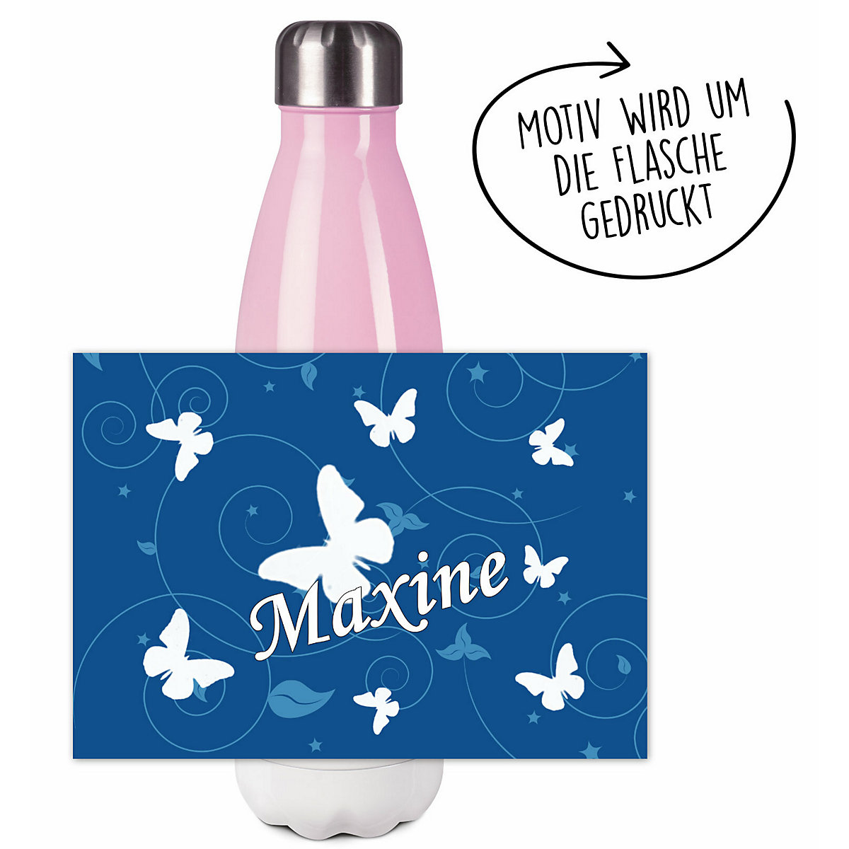 Edelstahl Kinder Thermoflasche / Trinkflasche bunt Schmetterling Ornamente Farbe blau Spülmaschinenfest, Auslaufsicher, Bruchfest, Doppelwandig, Für Heißgetränke geeignet, Mit Deckel, Isoliert