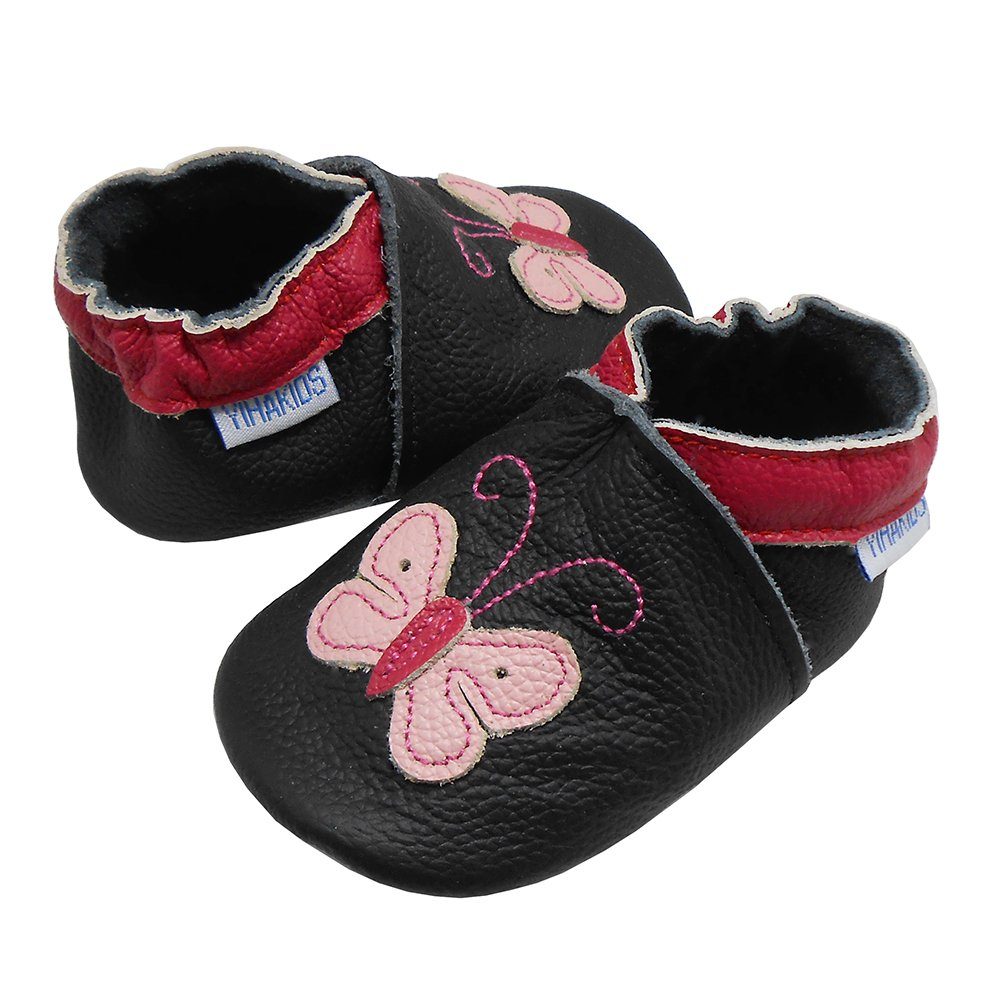 Yalion Weiche Leder Lauflernschuhe Hausschuhe Lederpuschen Schwarz Krabbelschuh