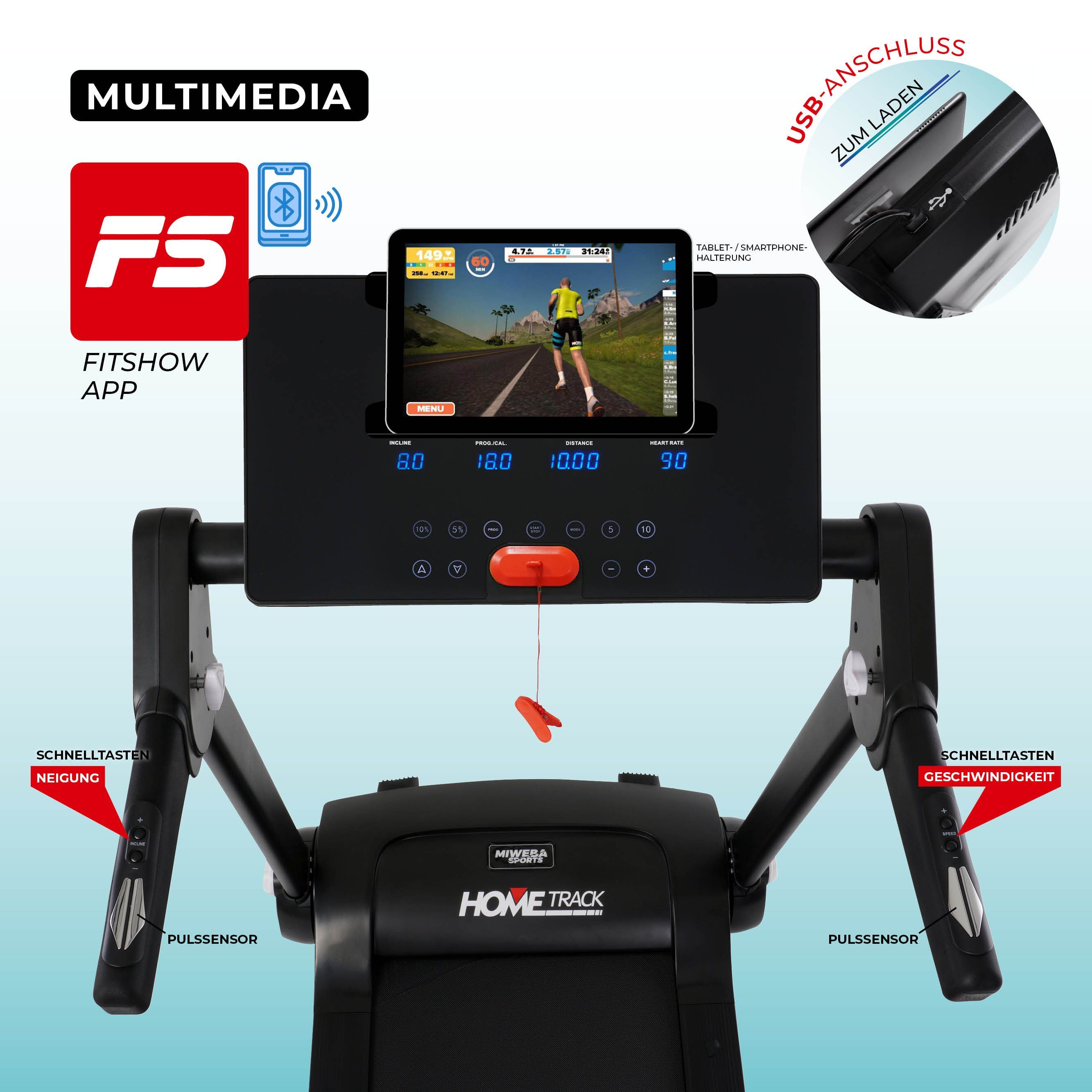 Miweba Sports Laufband Profi Sportgerät HT3000 - 16 km/h - 15 % Steigung - klappbar (Treadmill, Trainingsgerät, Fitnessgerät, Heimtrainer, Speedrunner, Fitness, Workout, 1-tlg., 120 kg Traglast, 12 Laufprogramme, 2 Quick-Speed Programme, Fitshow-App,