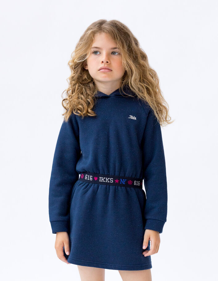 Robe sweat marine molleton pailleté à capuche fille