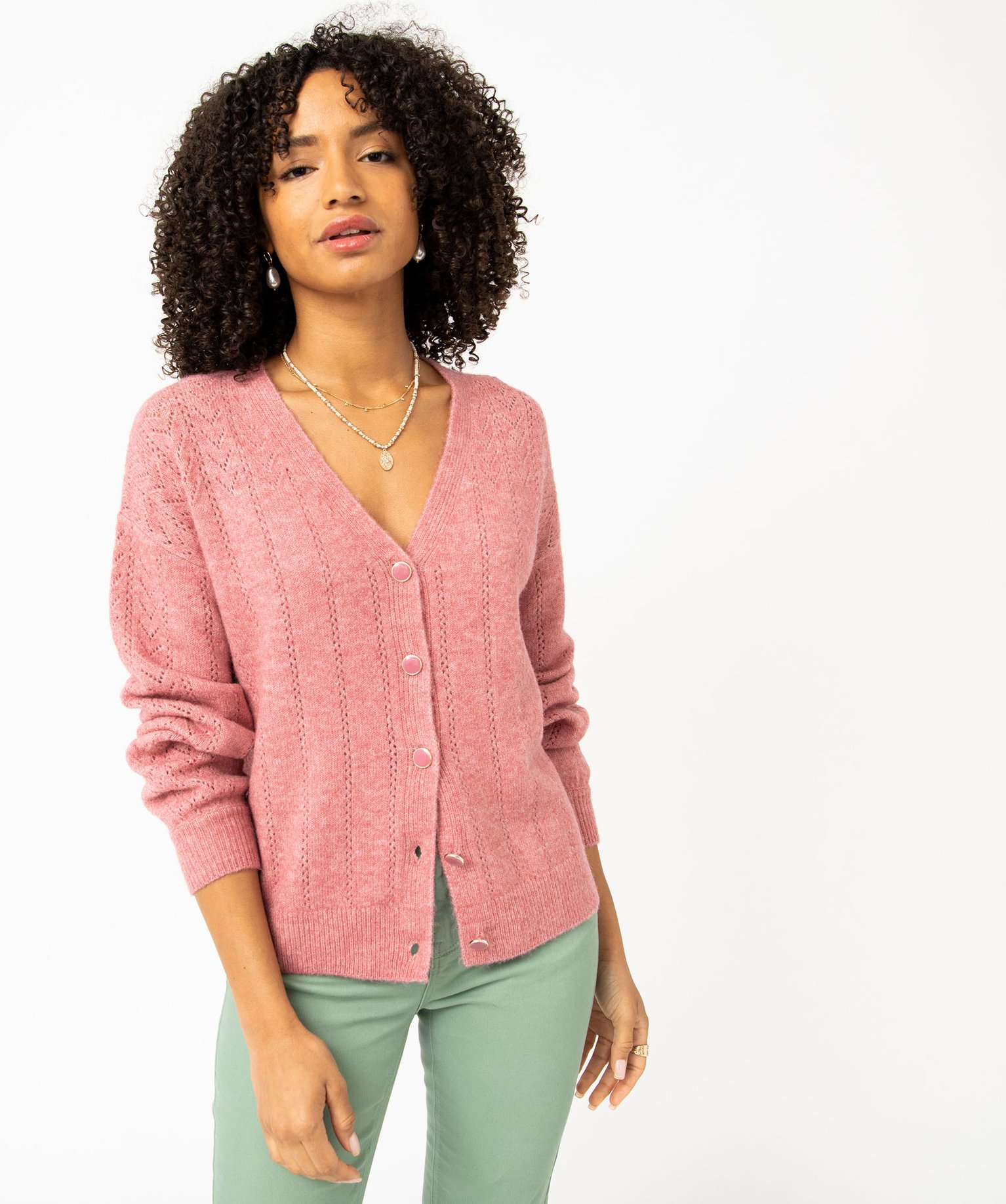 Gilet coupe droite en maille douillette ajourée femme rose | GEMO