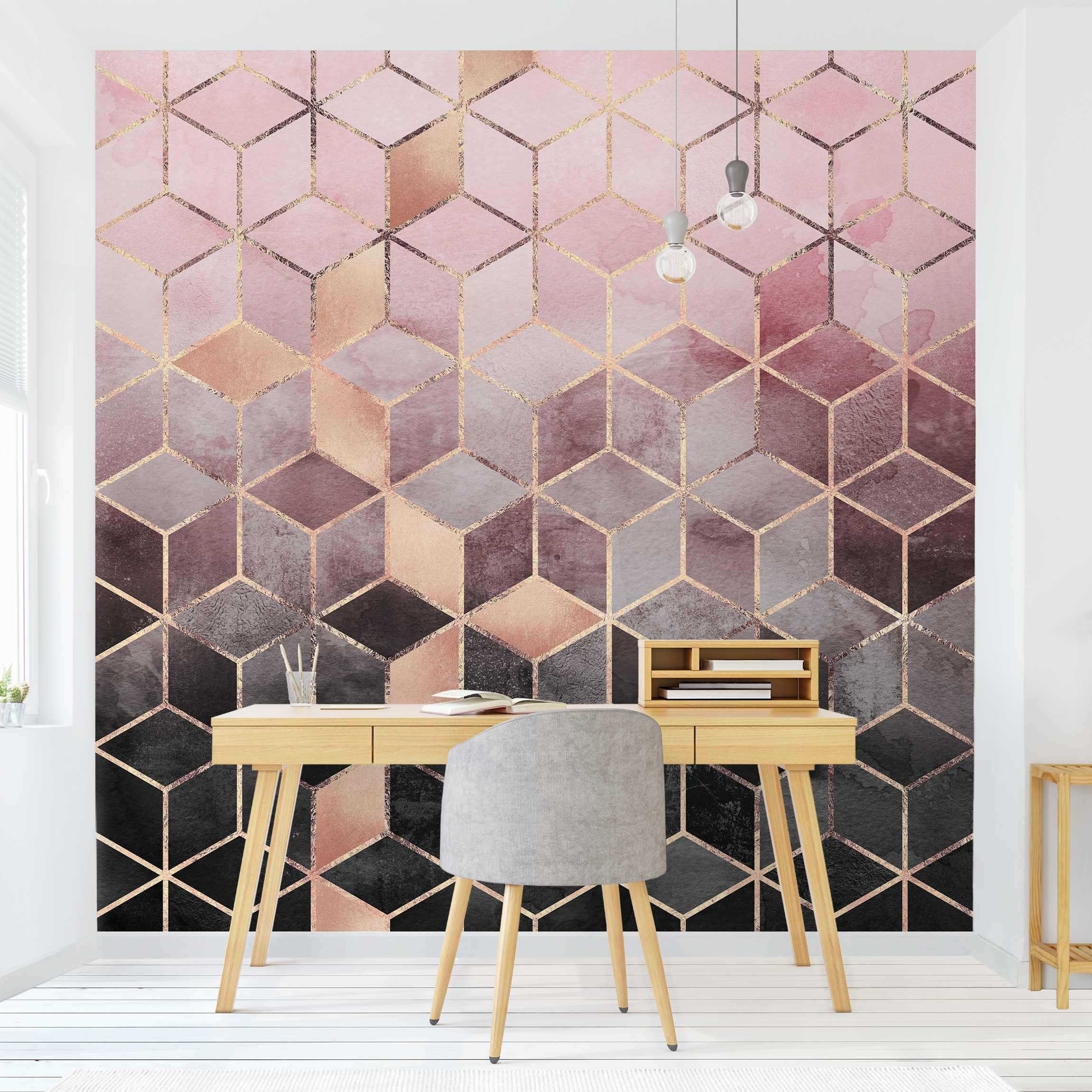 Bilderdepot24 Vliestapete Abstrakt Rosa Grau goldene Geometrie Tapete Wanddeko Modern Kunst, Glatt, Matt, (Inklusive Gratis-Kleister oder selbstklebend), Wohnzimmer Schlafzimmer Küche Flur Fototapete Motivtapete Wandtapete