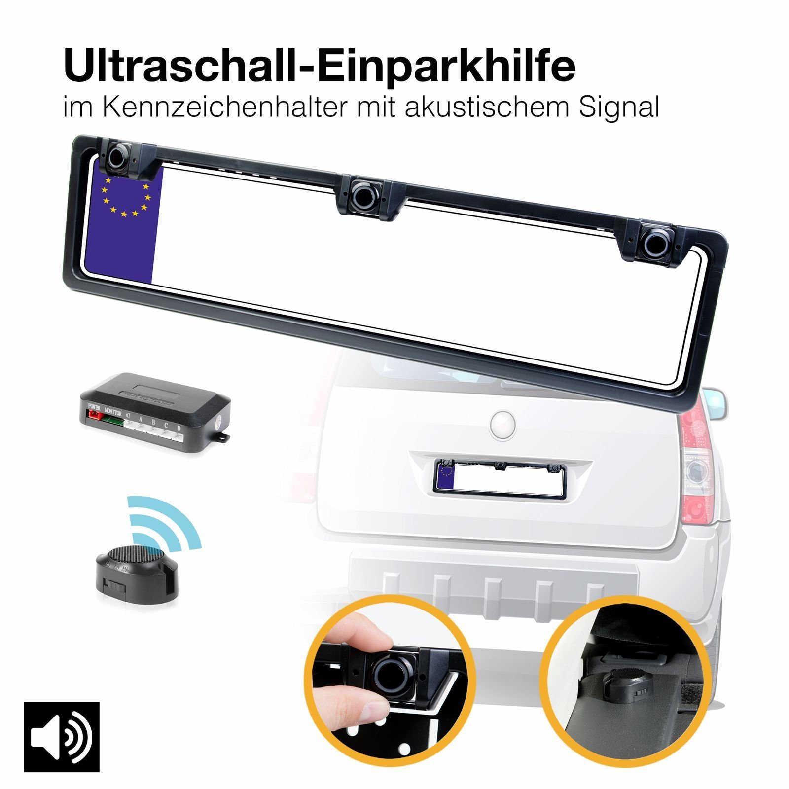 CARMATRIX CM-616 Rückfahrkamera (Einparkhilfe Kennzeichenhalter im Nummernschild 3 Parksensoren PDC, für KFZ, Auto einstellbaren Ton, Rückfahrsystem zum Nachrüsten)