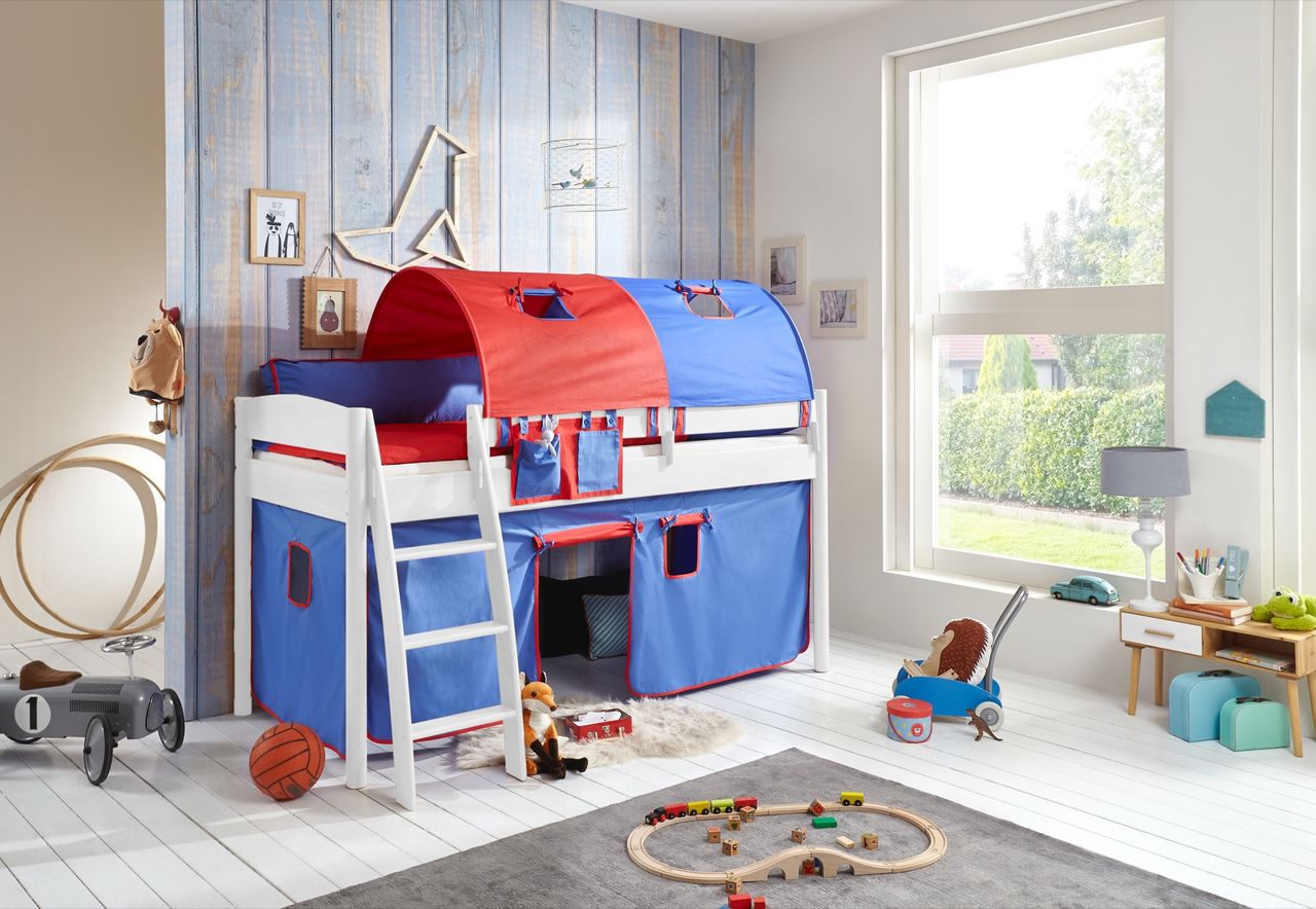 Relita Halbhohes Bett MICHELLE 90x200 cm Buche massiv weiß lackiert, mit Textilset Vorhang, 2-Tunnel, Tasche blau/rot