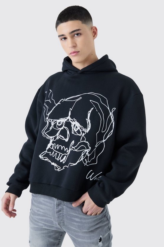 Oversized Boxy Skull Line Drawing Hoodie