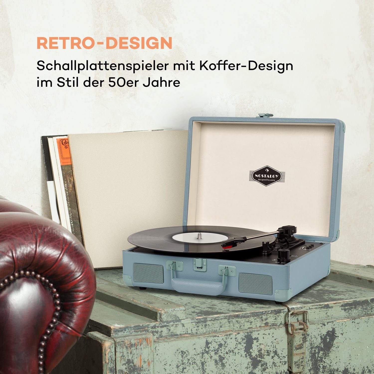 Auna Peggy Sue BT Plattenspieler (Riemenantrieb, Bluetooth, Schallplattenspieler Retro mit Lautsprecher Vinyl Plattenspieler)