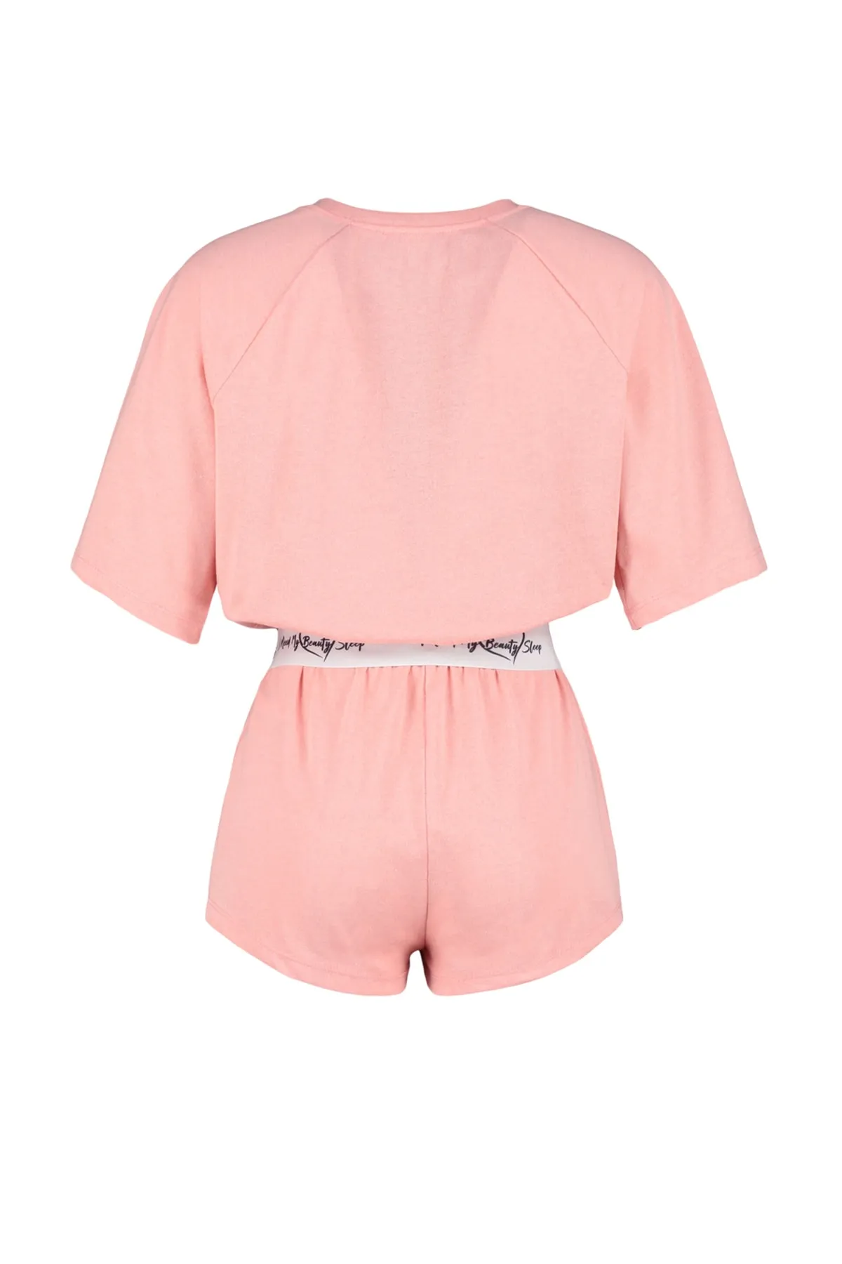 Trendyol Collection  Hellrosa, elastisches, detailliertes Strick-Pyjama-Set mit T-Shirt und Shorts aus Baumwolle THMSS23PT00154