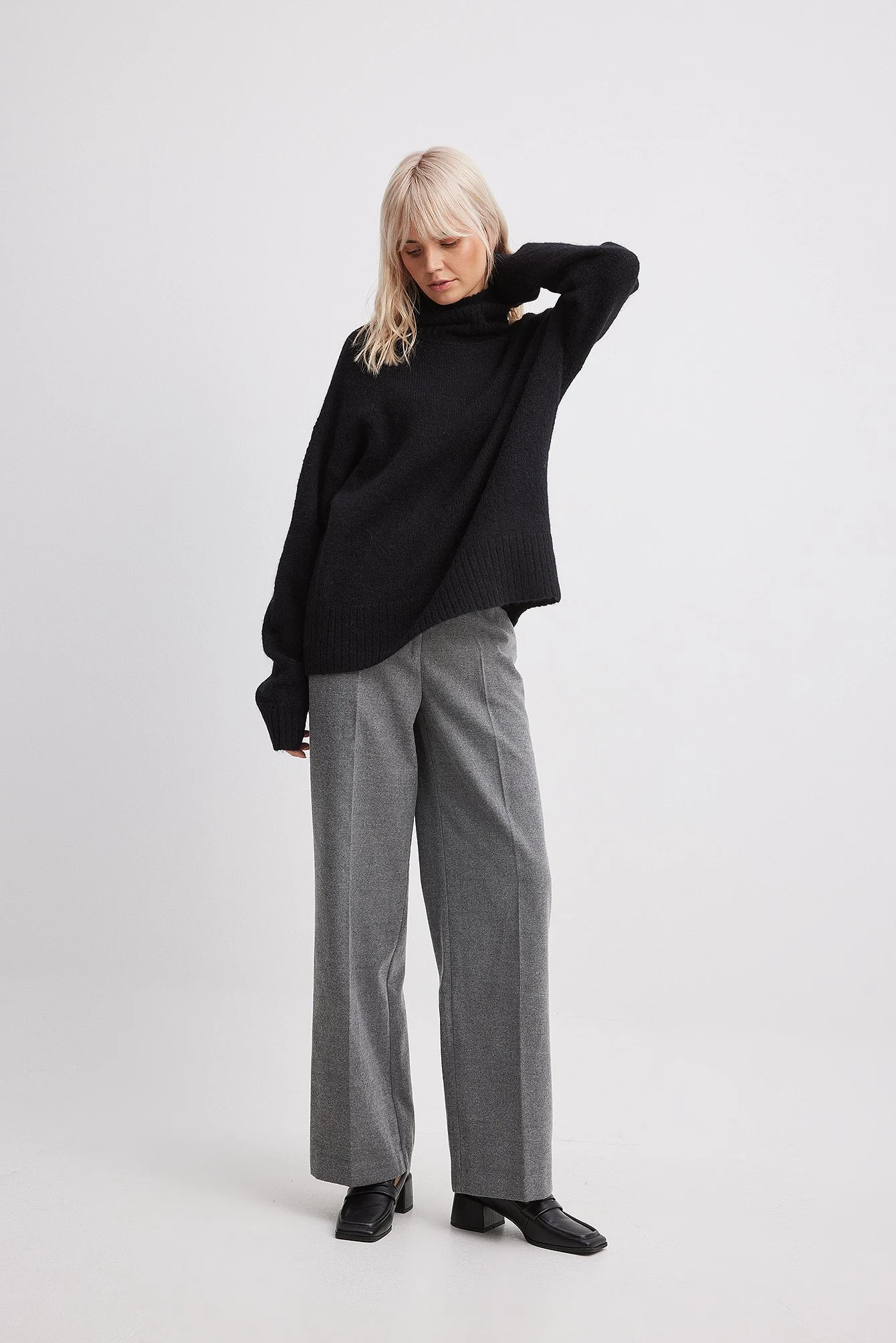Flanellhose mit weitem Bein und hoher Taille