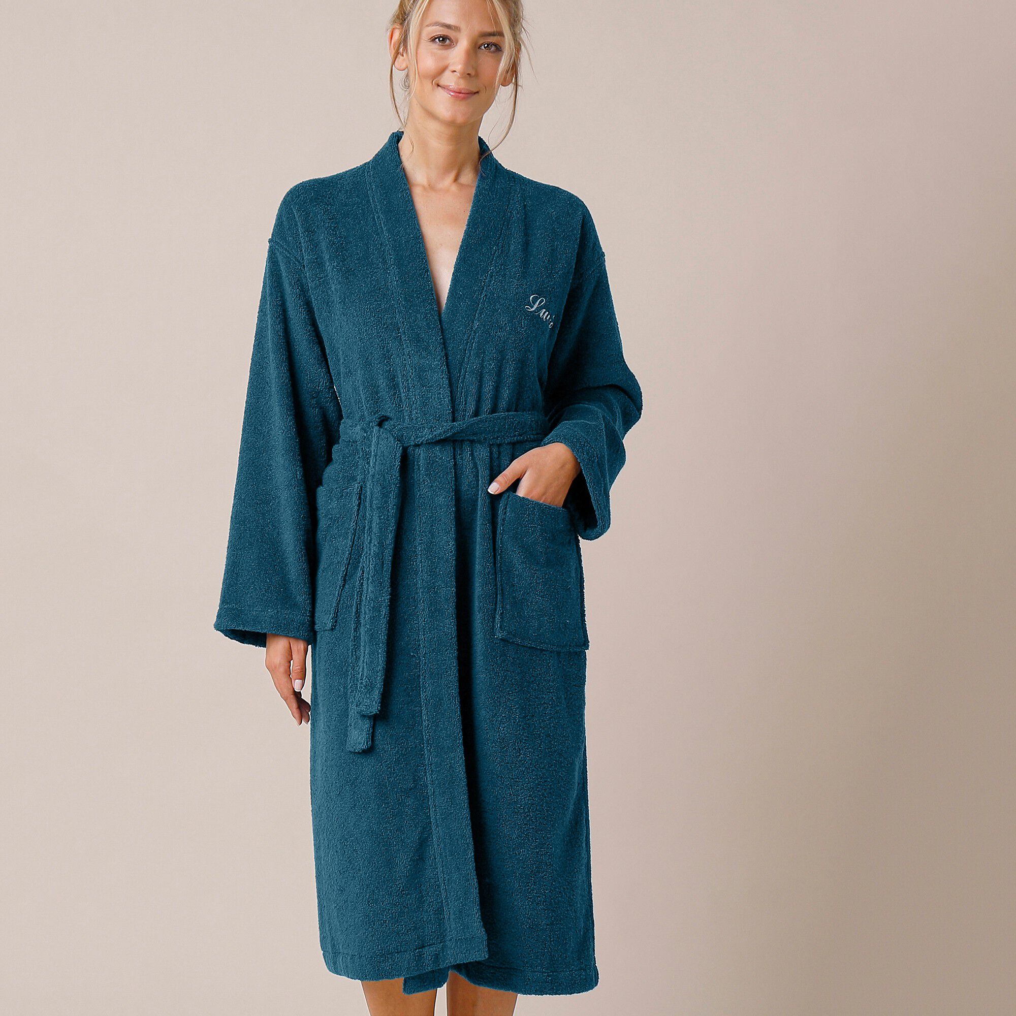 Peignoir mixte adulte uni coton éponge bouclette col kimono personnalisé