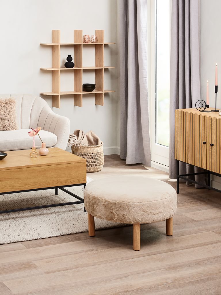 Puf RAMSDAL RAMSDAL Ø70 beżowy materiał miś/kolor dębu