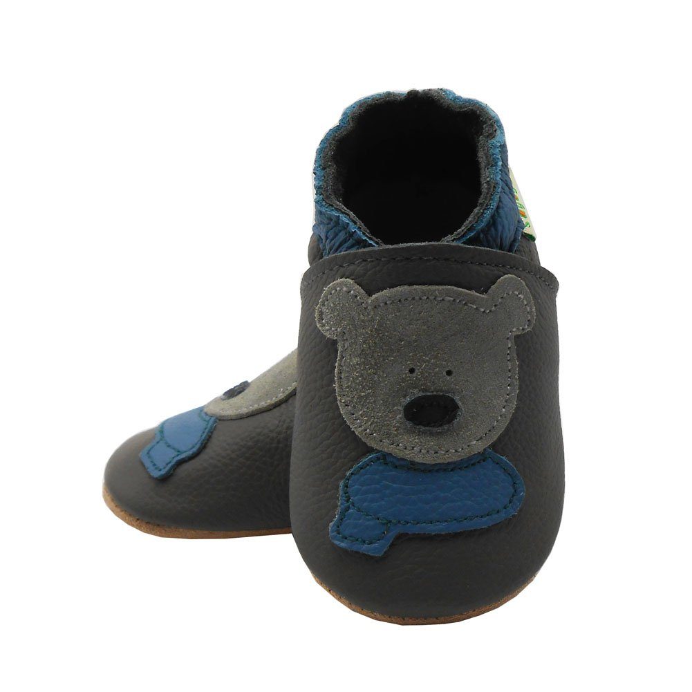 Yalion Weiche Leder Krabbelschuhe Lauflernschuhe Hausschuhe Lederpuschen Bär Grau 100% Leder Krabbelschuh