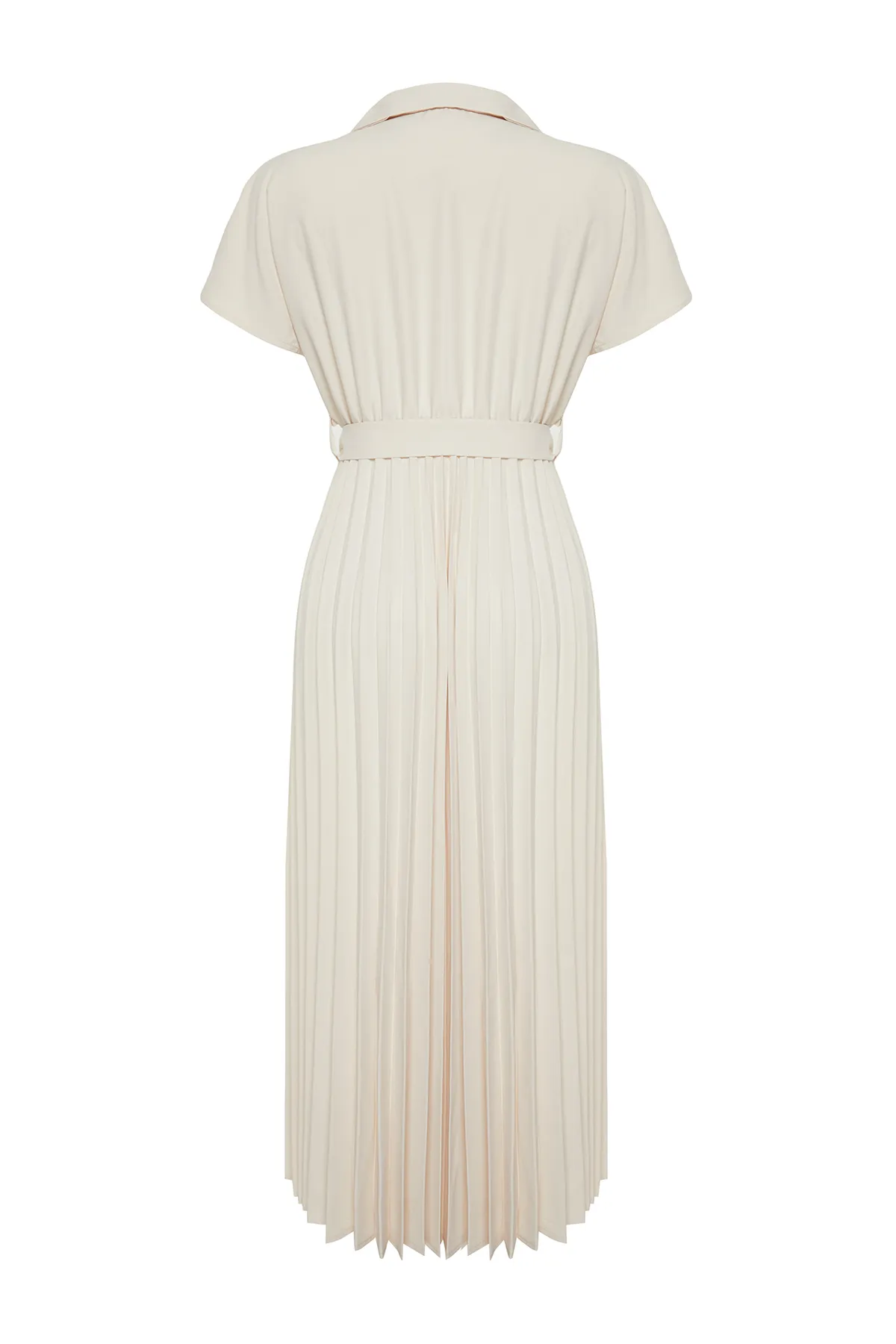 Trendyol Collection  Ecrufarbenes gewebtes Maxikleid mit Gürtelrock, zweireihigem Plisseekragen TWOSS24EL00622