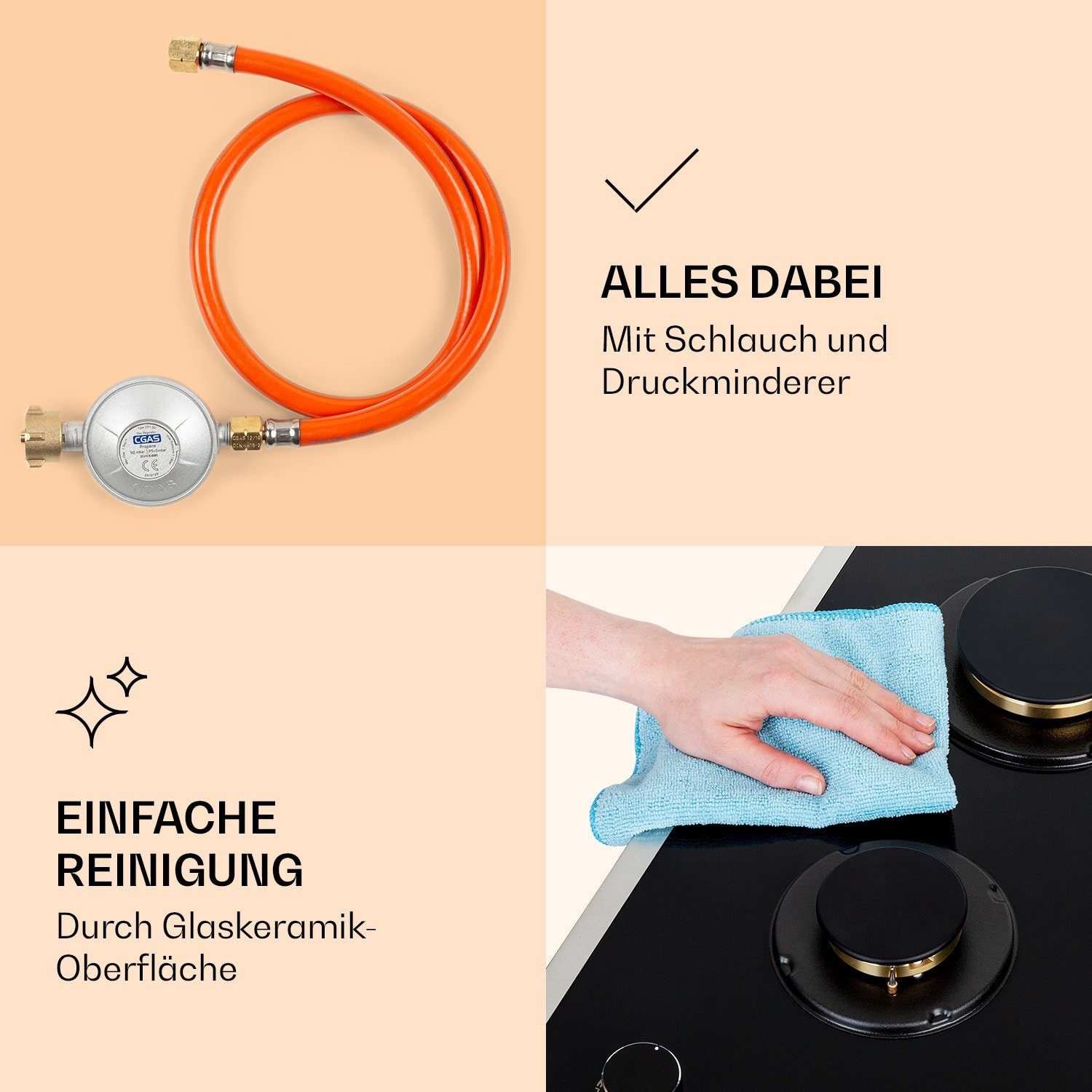 Klarstein Gas-Kochfeld Goldflame Domino Prime Gaskochfeld 2-flammig Messing-Brenner Glaskeramik CP11-Goldflame-D-Pr, Einbau Gas Kochfeld 2 Platten Herdplatte Kochplatte Einbaukochfeld