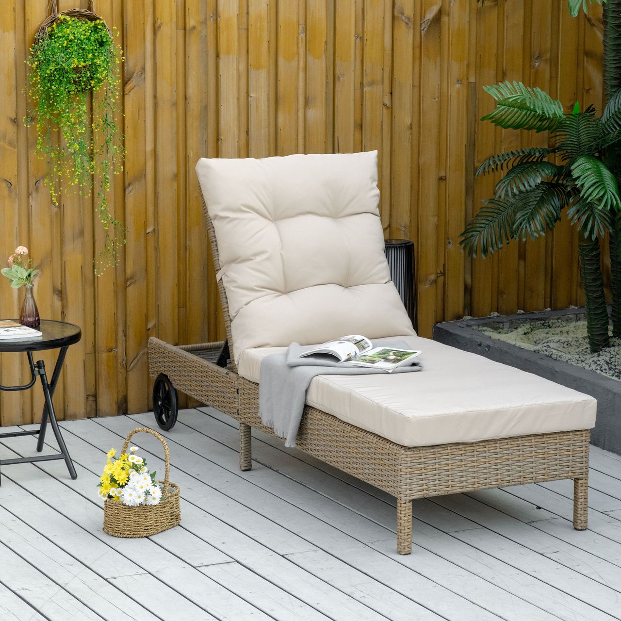 Outsunny Polyrattan Sonnenliege Gartenliege mit Rollen Kissen 4-stufig verstellbar Rattanliege Gartenmöbel Liege Stahl Natur Khaki 200 x 66 x 92 cm