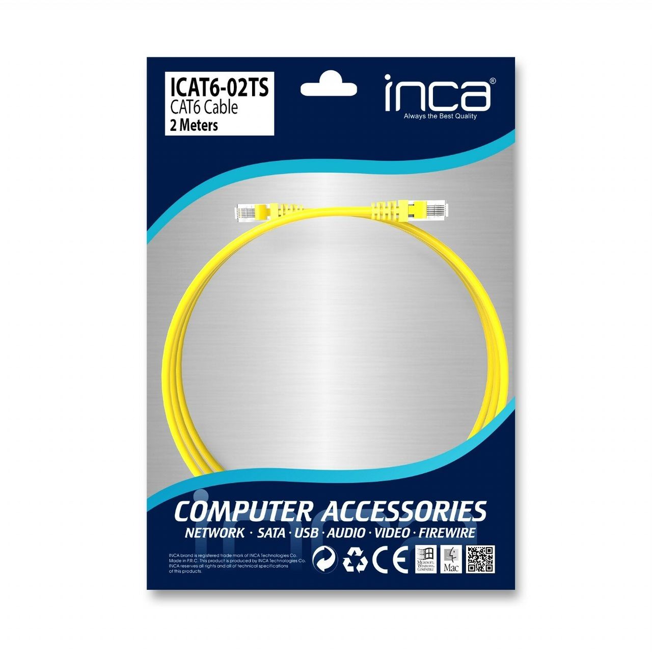 Inca ICAT6-02TS RJ45 Cat6 UTP Ethernetkabel LAN-Kabel Gelb 2 Meter