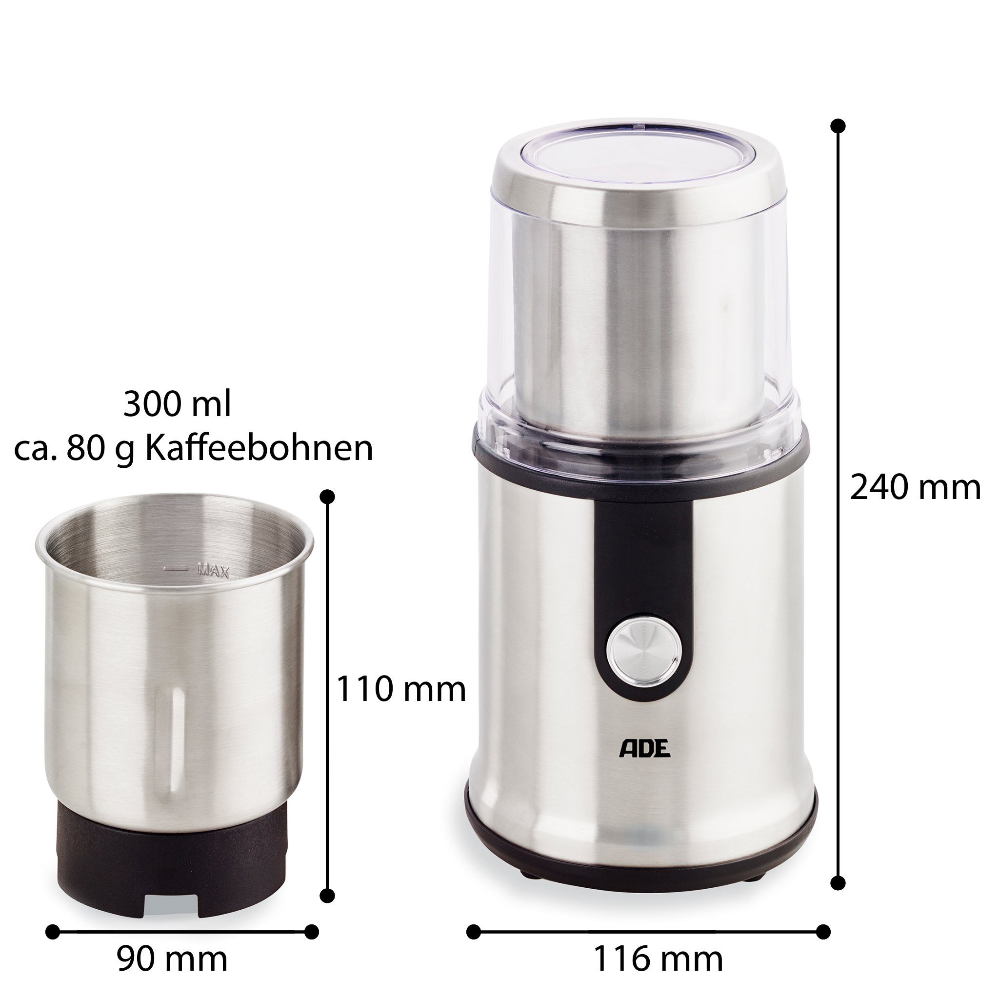 ADE Kaffeemühle Elektrische Kaffeemühle mit 2 Mahlbehältern für Kaffee, Kräuter, Pesto, 300 W, Schlagmesser, 80,00 g Bohnenbehälter, stufenloser Mahlgrad, scharfe Edelstahlklingen, starker Motor