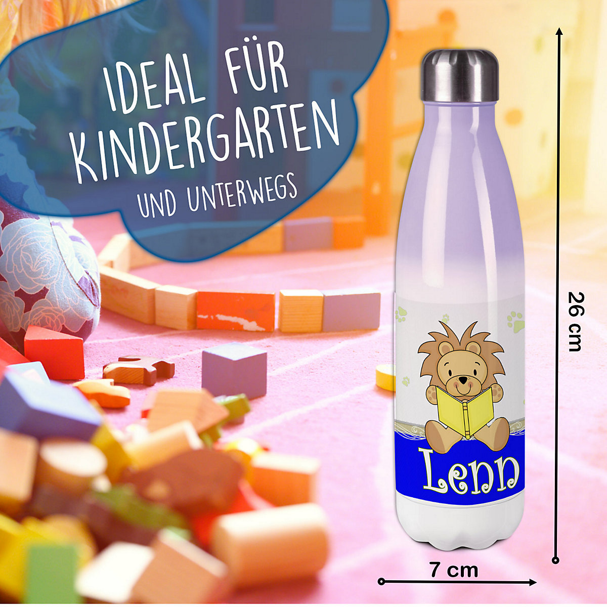 Edelstahl Kinder Thermoflasche / Trinkflasche bunt Leselöwe Farbe blau Spülmaschinenfest, Auslaufsicher, Bruchfest, Doppelwandig, Für Heißgetränke geeignet, Mit Deckel, Isoliert