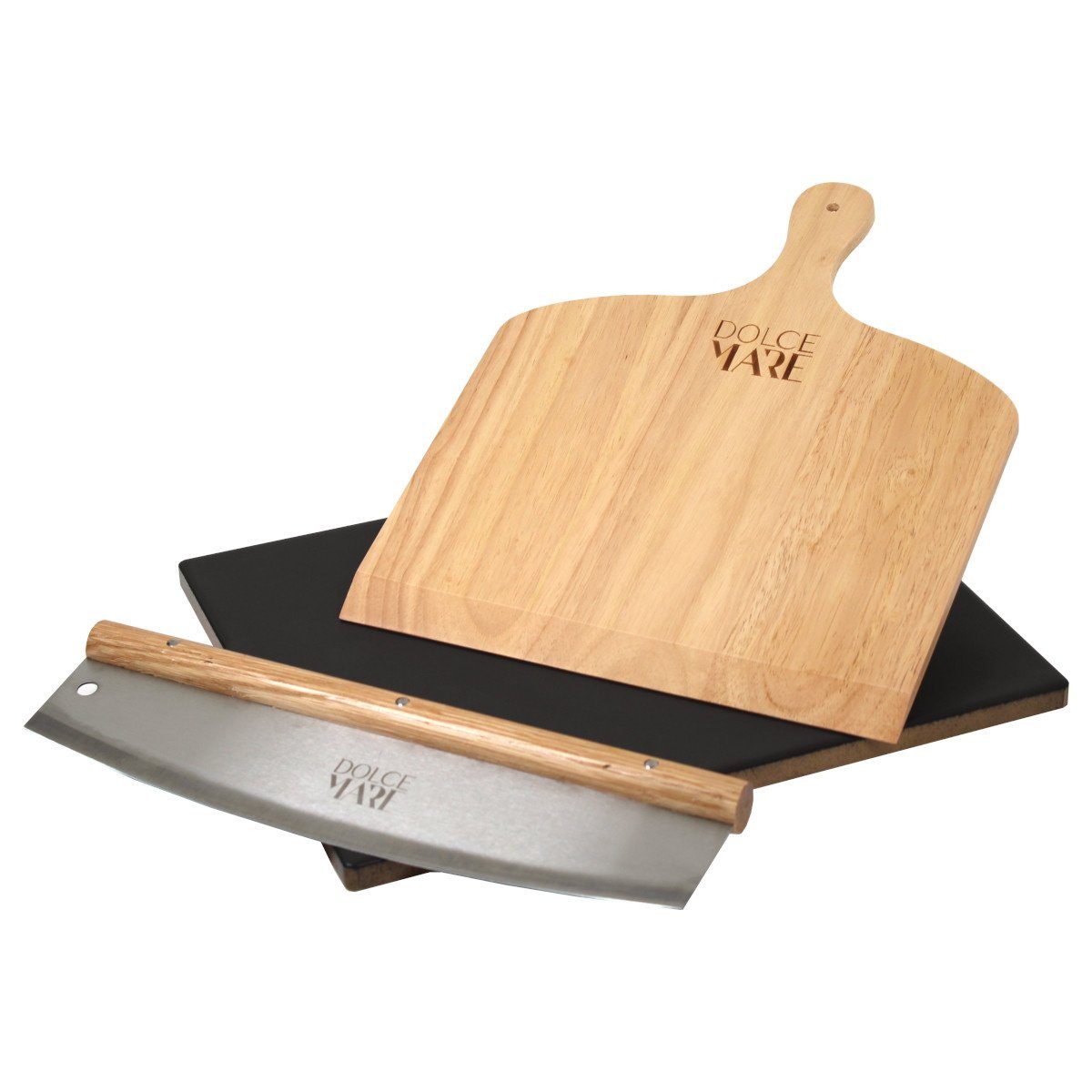 Pizzastein Set schwarz Holz Pizzaschieber Edelstahl Pizzaschneider