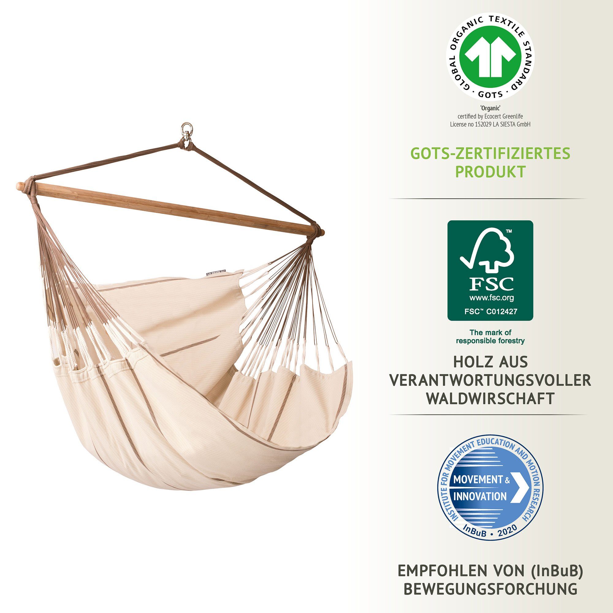La Siesta Hängestuhl Hängestuhl Hängesessel Lounger HABANA Nougat Bio Baumwolle La Siesta, Hochwertige Qualität