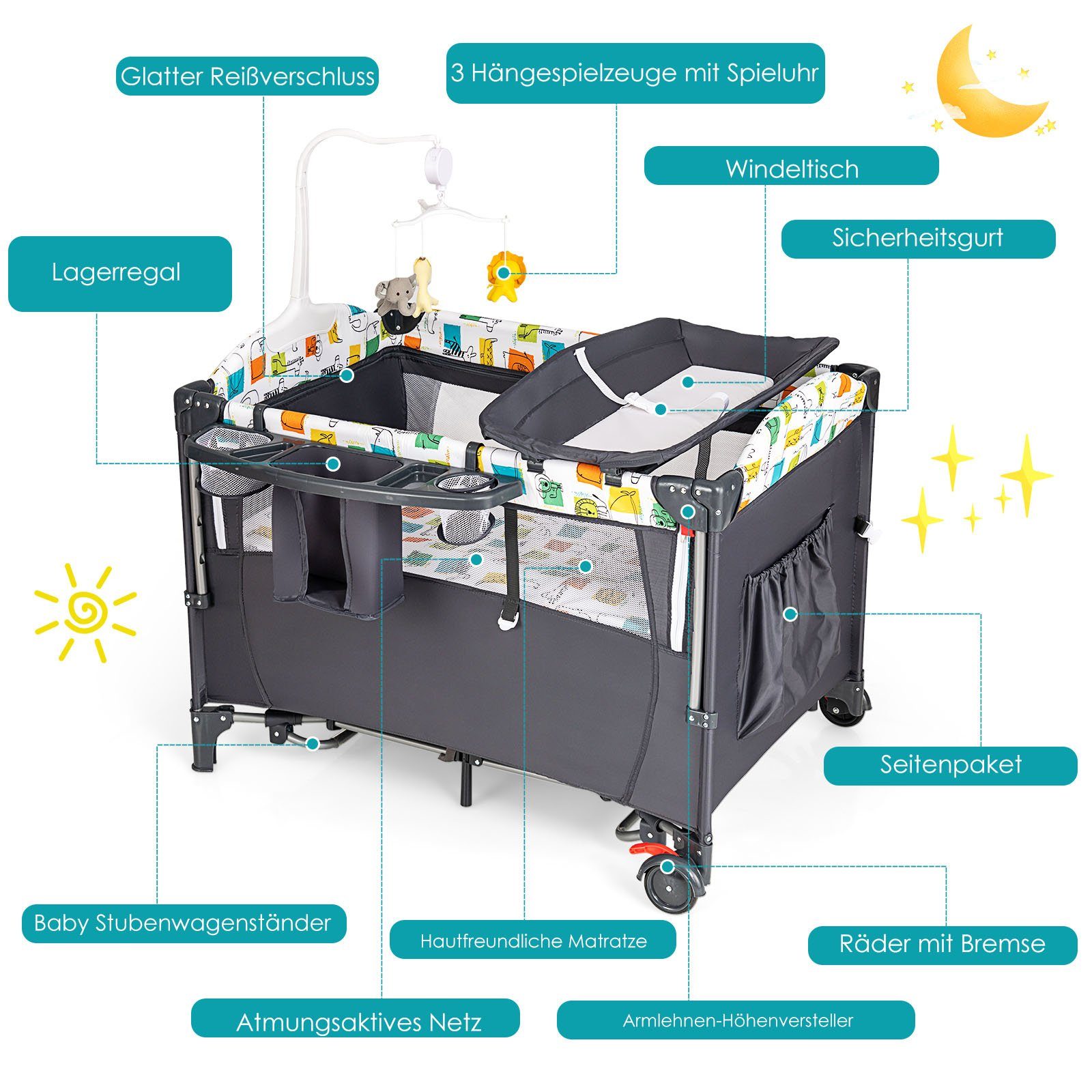 COSTWAY Baby-Reisebett 5 in1 Beistellbett, mit Matratze, höhenverstellbar