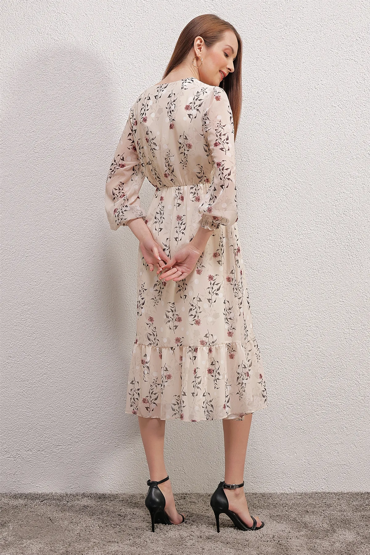 Bigdart  2137 Gemustertes Chiffonkleid – Creme