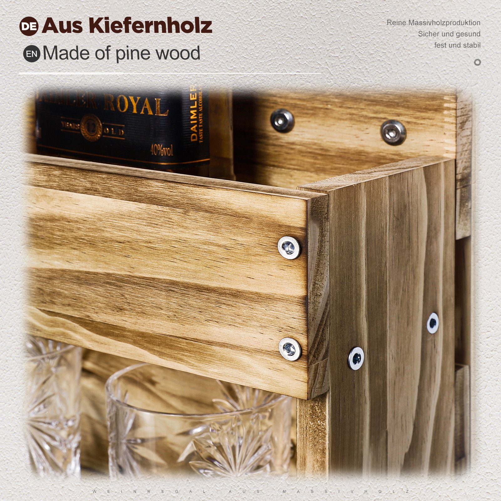 Yorbay Weinregal Weinregal aus Holz, Wandbar mit 4 Getränkespender, Wandmontage Wand Flaschenhalter Vintage Stil