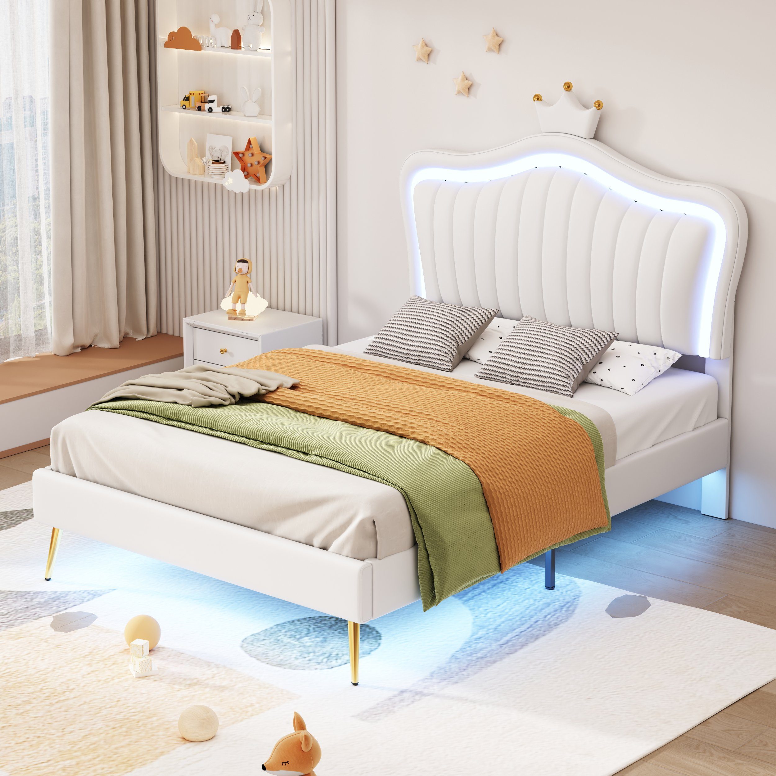 HAUSS SPLOE Polsterbett Polsterbett Funktionsbett Bettrahmen KInderbett (Bettgestell für Mädchen, weißes Kronen-Doppelbettgestell aus Leder, mit LED-Leuchten, Lattenrost und Rückenlehne 90 x 200 cm)