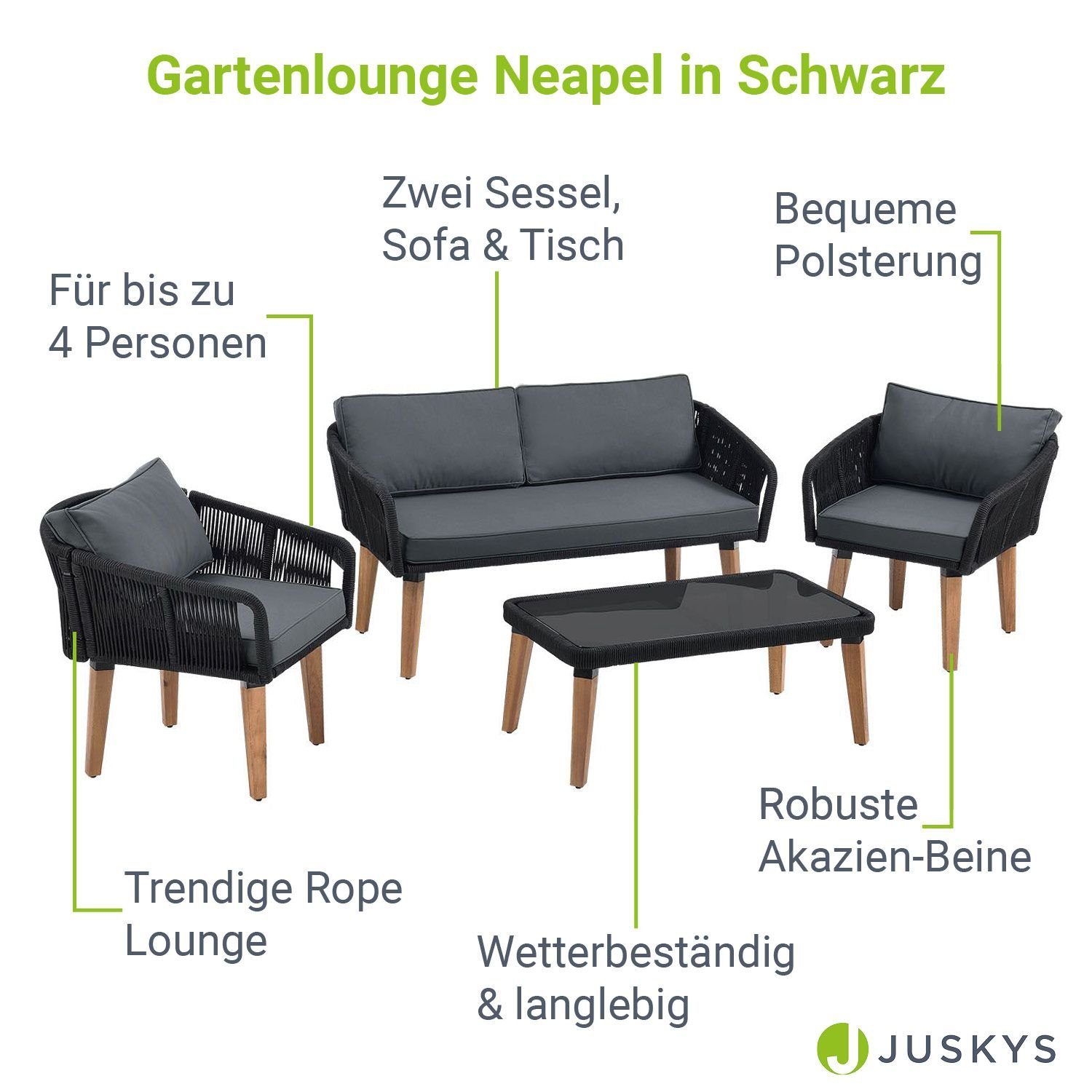Juskys Gartenlounge-Set Neapel, (4-tlg), Seilgeflecht Sofa mit Tisch, 2 Sessel und Polster, für 4 Personen