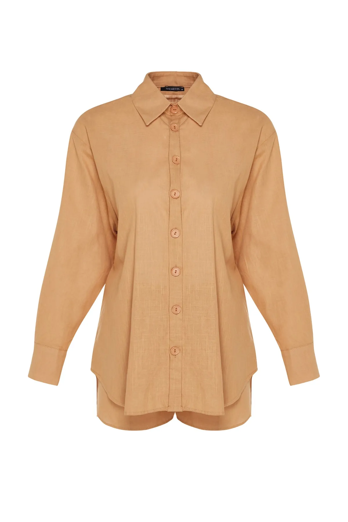 Trendyol Collection  Kamelfarbenes, gewebtes Hemd-Shorts-Set aus 100 % Baumwolle, TBESS23AU00049