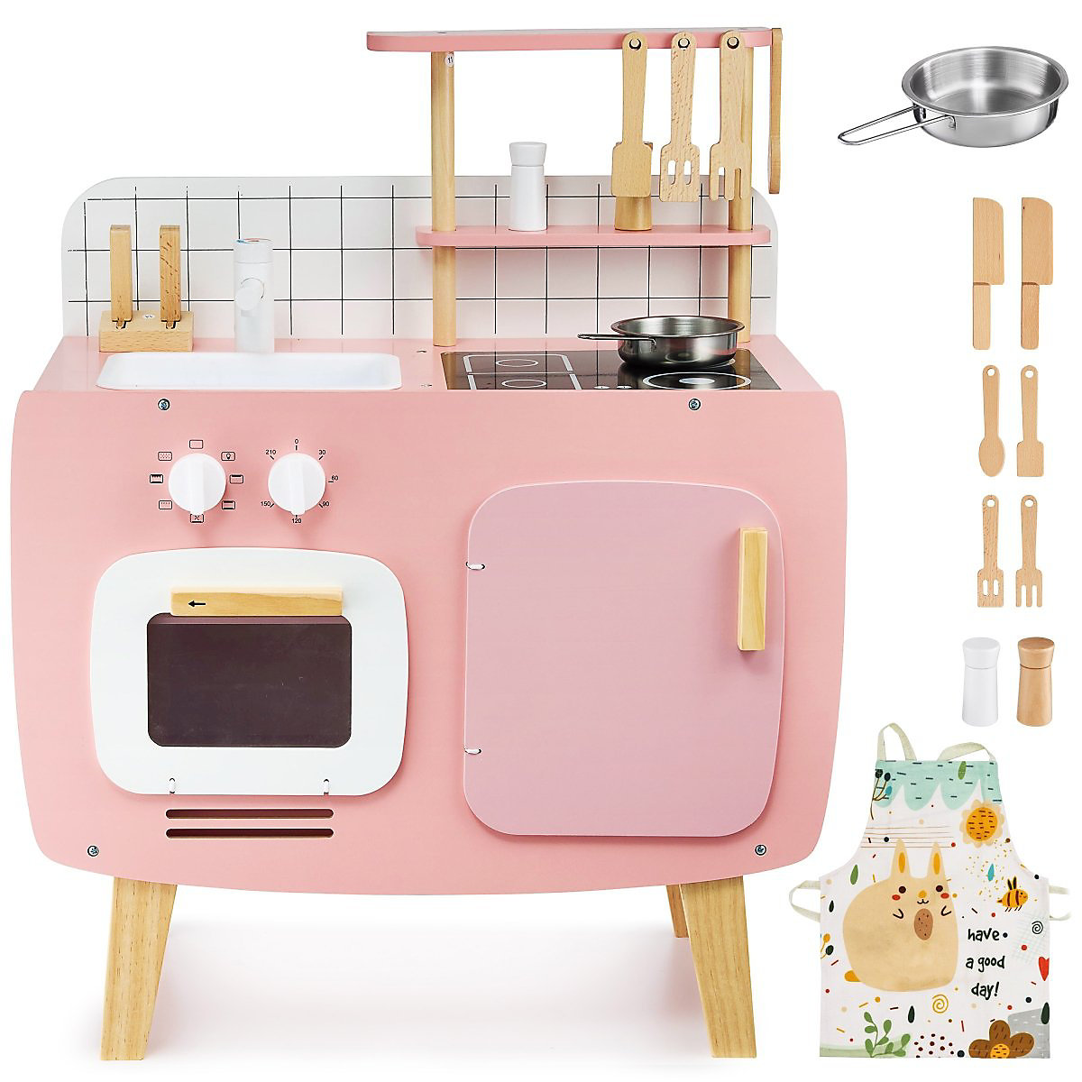 Retro Spielküche aus Holz mit Offen, Waschbecken, Schürze und 9 Holzzubehörteile
