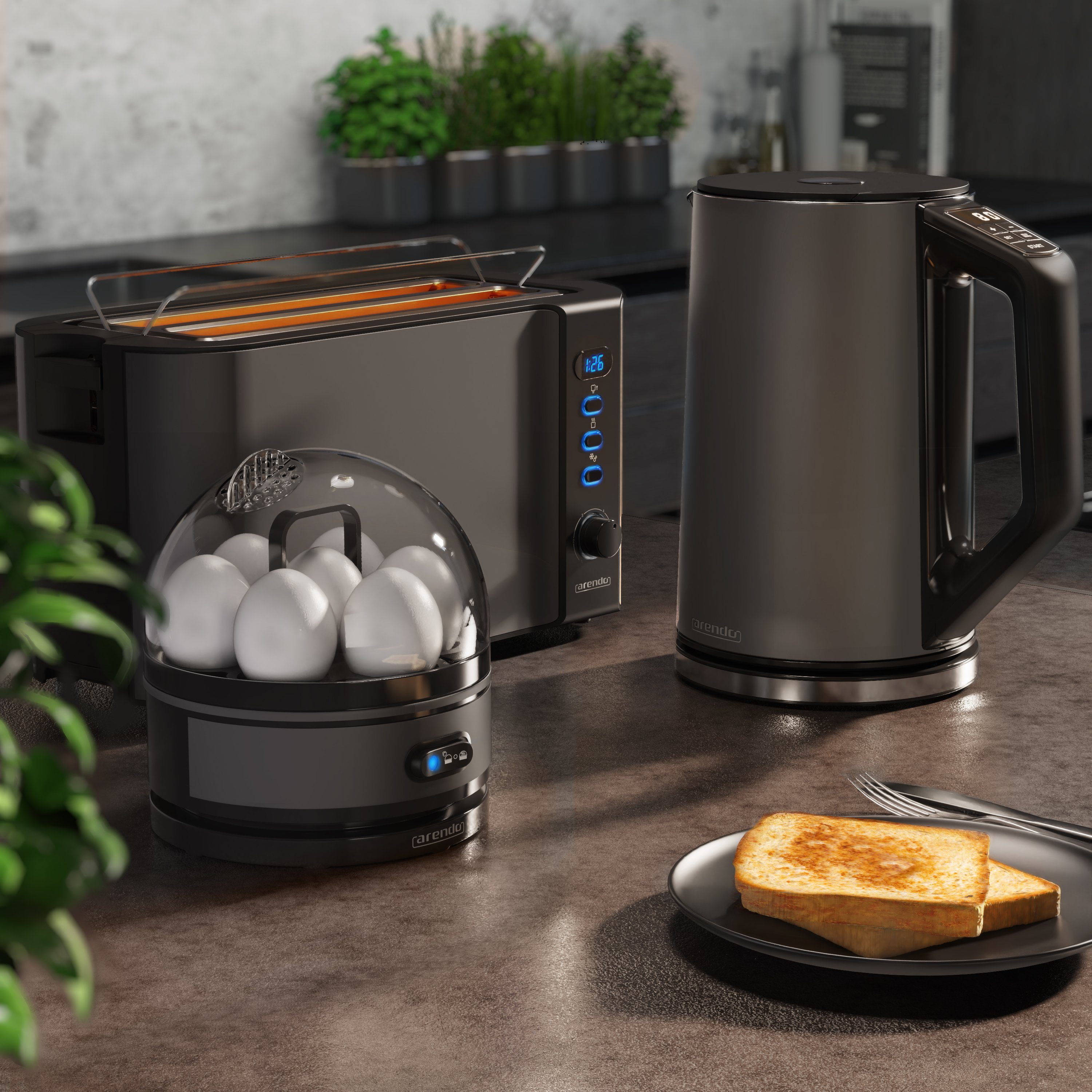 Arendo Frühstücks-Set (3-tlg), Wasserkocher 1,5l, 4-Scheiben Toaster, 7er Eierkocher, Grau