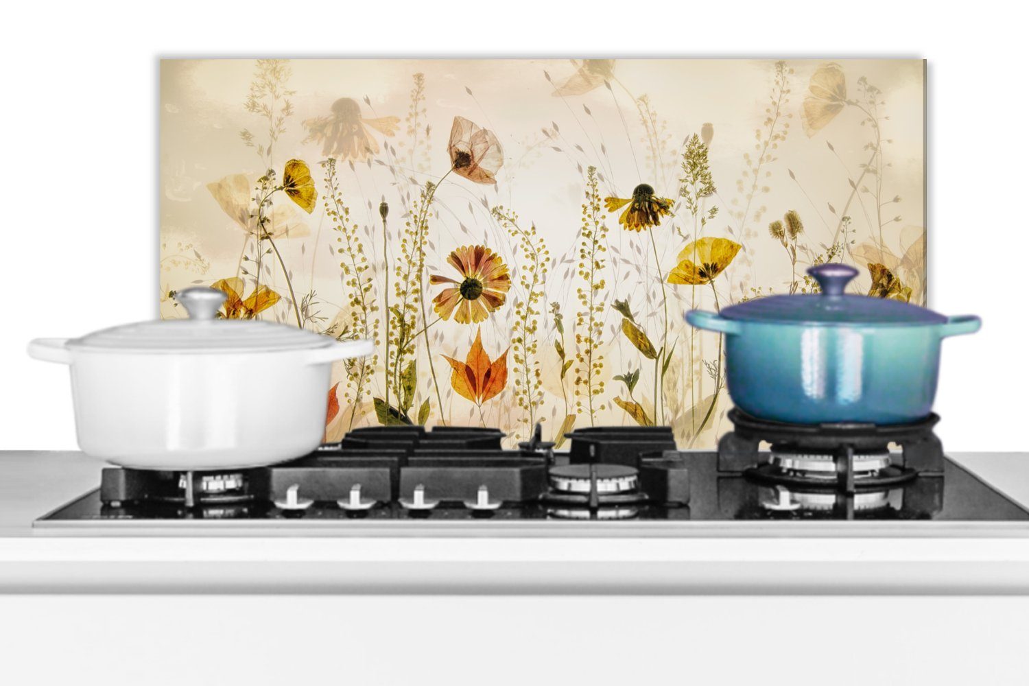 MuchoWow Küchenrückwand Illustration - Pflanzen - Insekten - Beige, (1-tlg), 60x30 cm, Wandschutz, gegen Fett und Schmutzflecken für Küchen