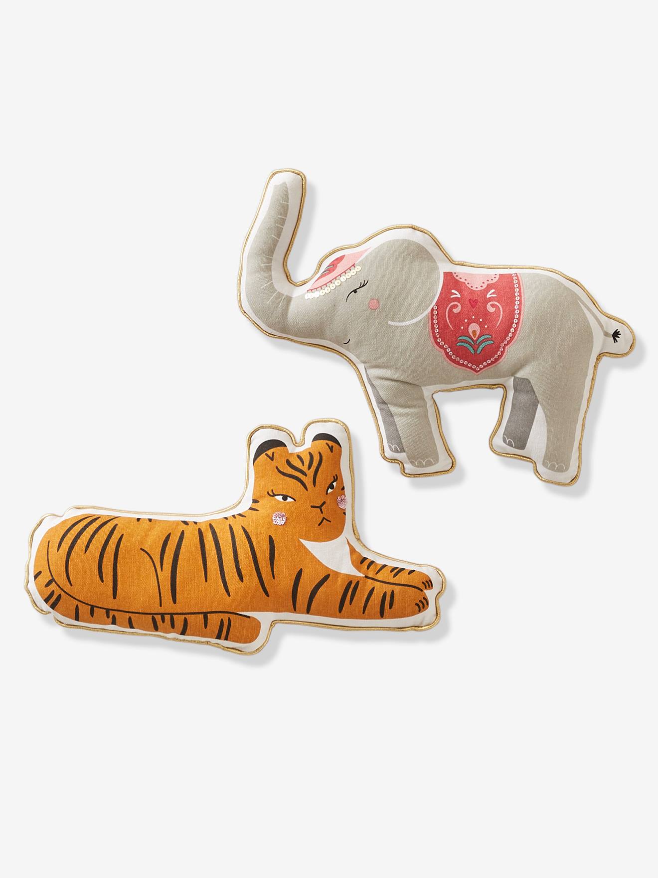 Vertbaudet 2er-Pack Kinder Kissen INDIA, Tiere - grau elefant+senfgelb tiger