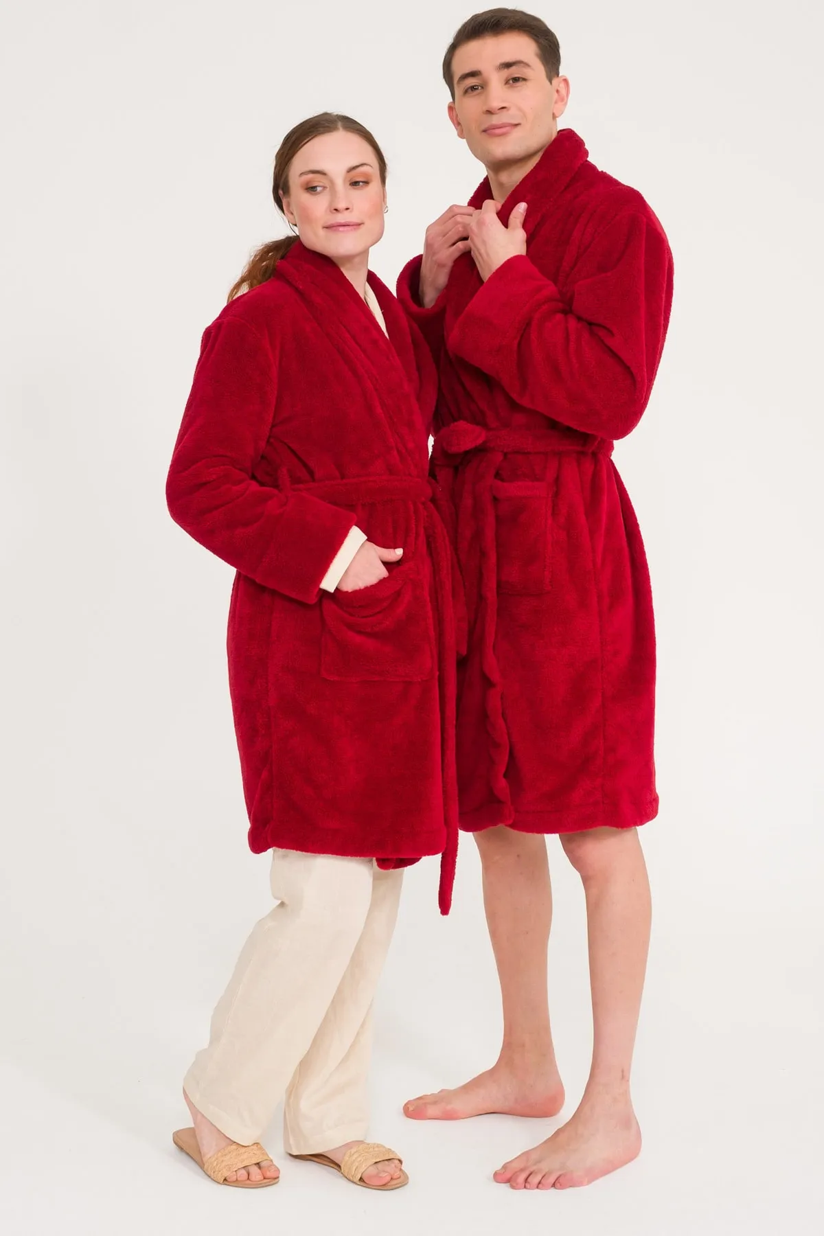 Miespiga  Schalkragen Welsoft Bordeauxrot Fleece-Bademantel Familienset