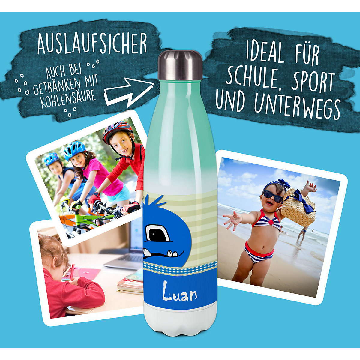 Edelstahl Kinder Thermoflasche / Trinkflasche bunt Monster Karo Farbe blau Spülmaschinenfest, Auslaufsicher, Bruchfest, Doppelwandig, Für Heißgetränke geeignet, Mit Deckel, Isoliert