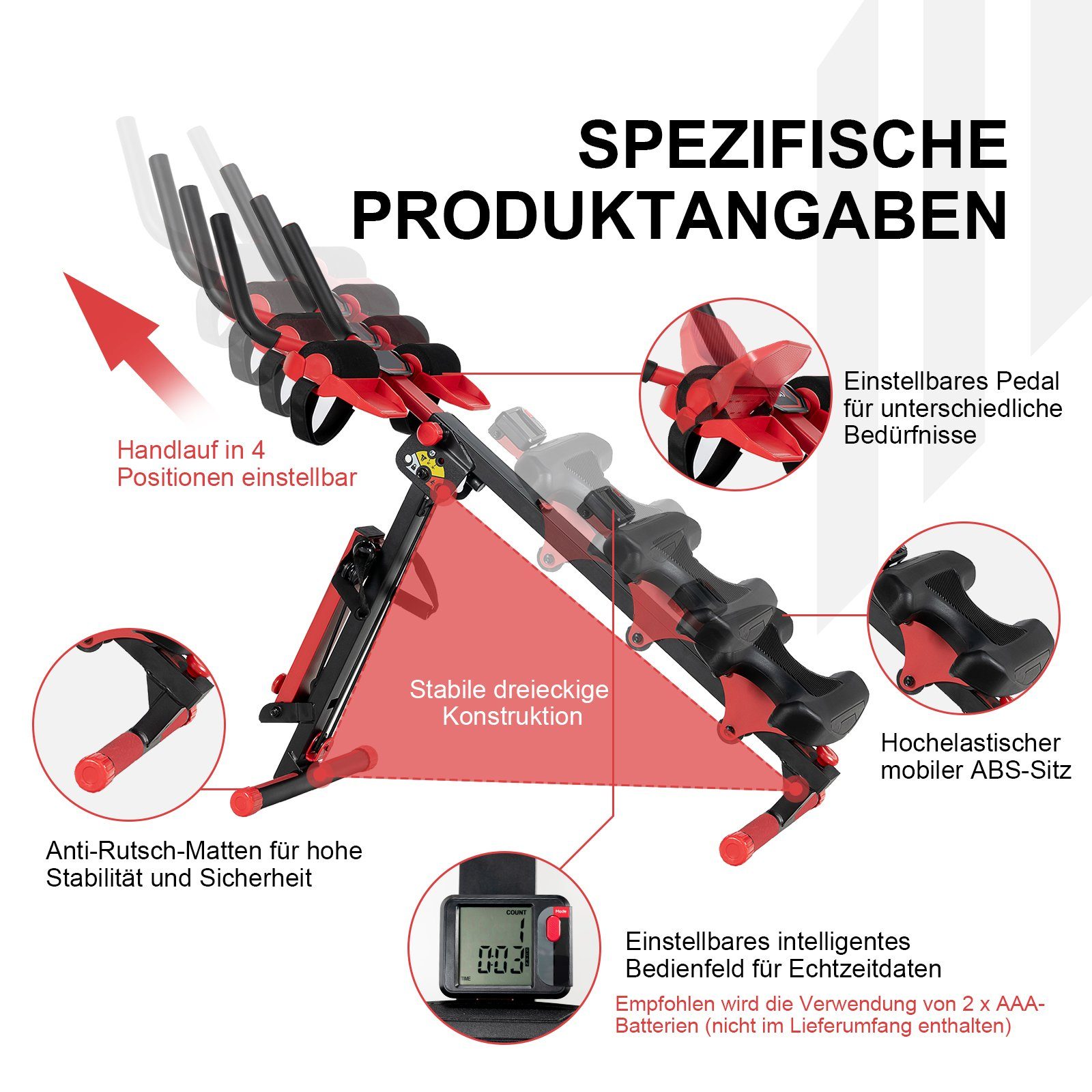 COSTWAY Ruderzugmaschine Bauchtrainer, bis 120kg, mit verstellbarem Sitz
