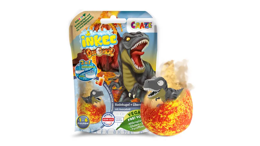 CRAZE - INKEE Dinorex Badekugel mit Himbeerduft - mit Überraschung (1 von 5 Dino-Figuren) 80 ml