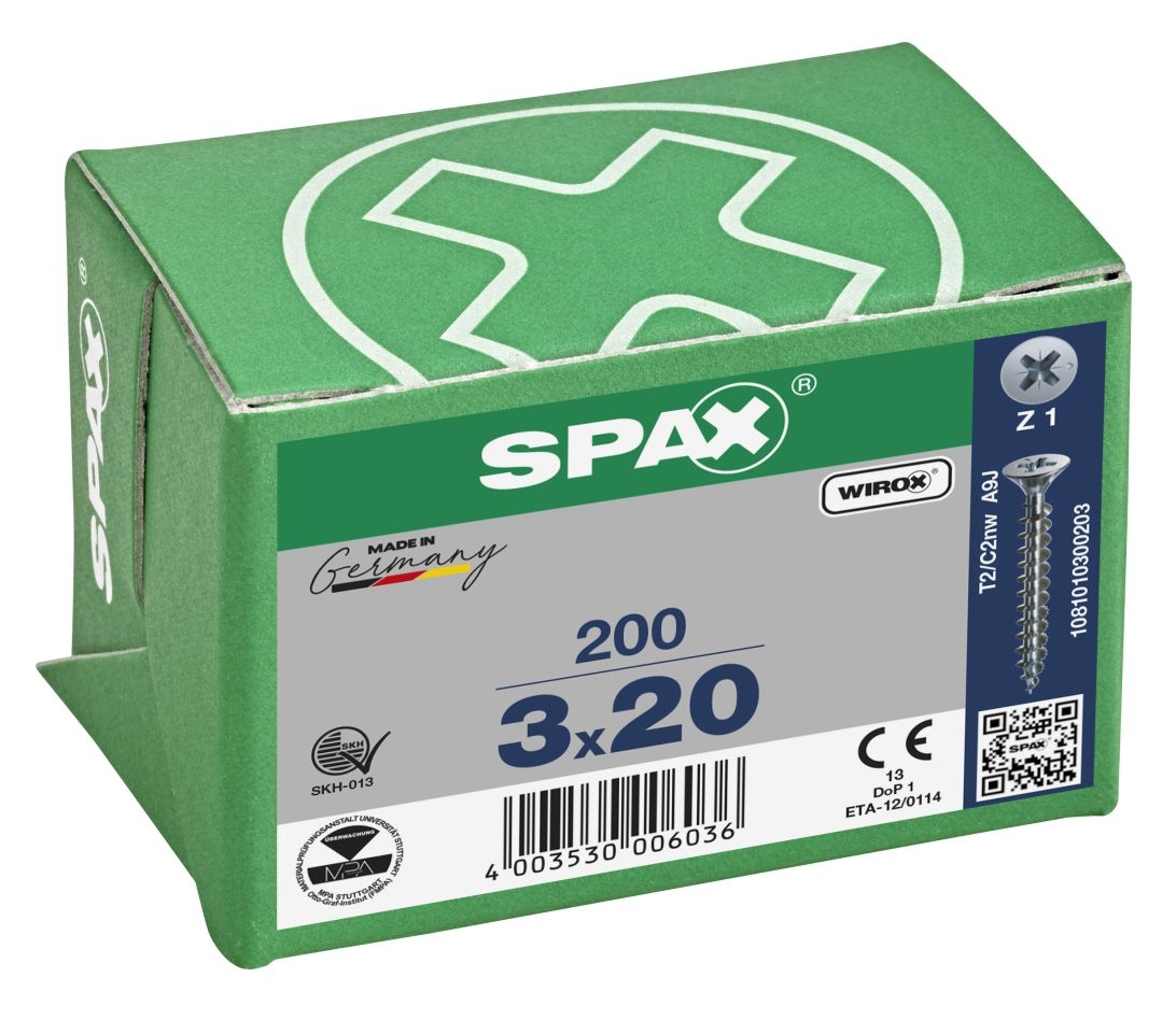 SPAX 1081010300203 Universalschraube 3 x 20 mm, Vollgewinde, Senkkopf, Kreuzschlitz Z1 – 200 Stück
