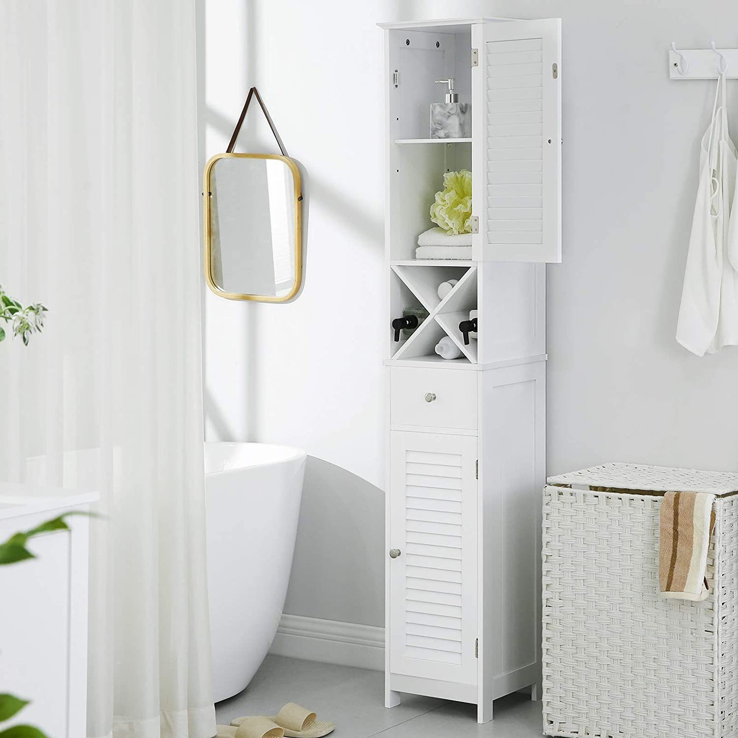 VASAGLE Badkommode Badezimmerschrank, mit Schublade, mit 2 Lamellentüren