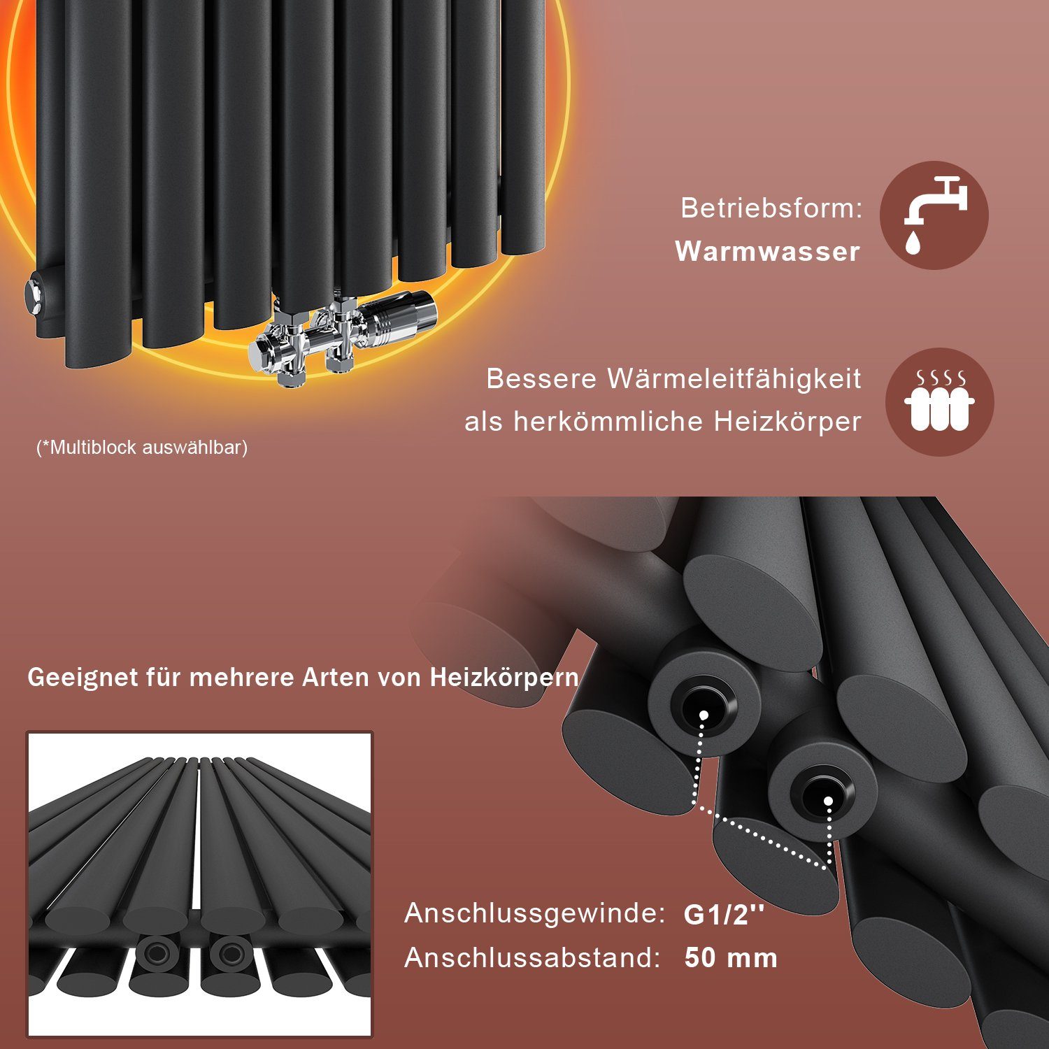 ELEGANT Badheizkörper Heizkörper Design Röhrenheizkörper modern mit/ohne Multiblock, Anthrazit