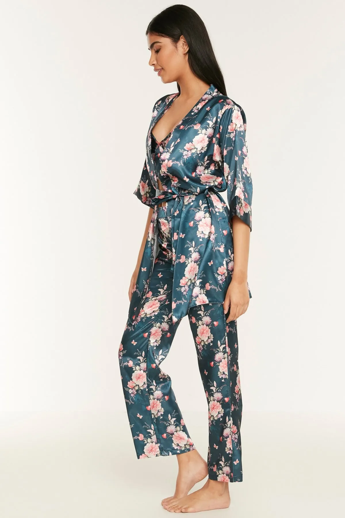 C&City  045 Gemustertes 3-teiliges Satin-Pyjama-Set für Damen Petrolgrün