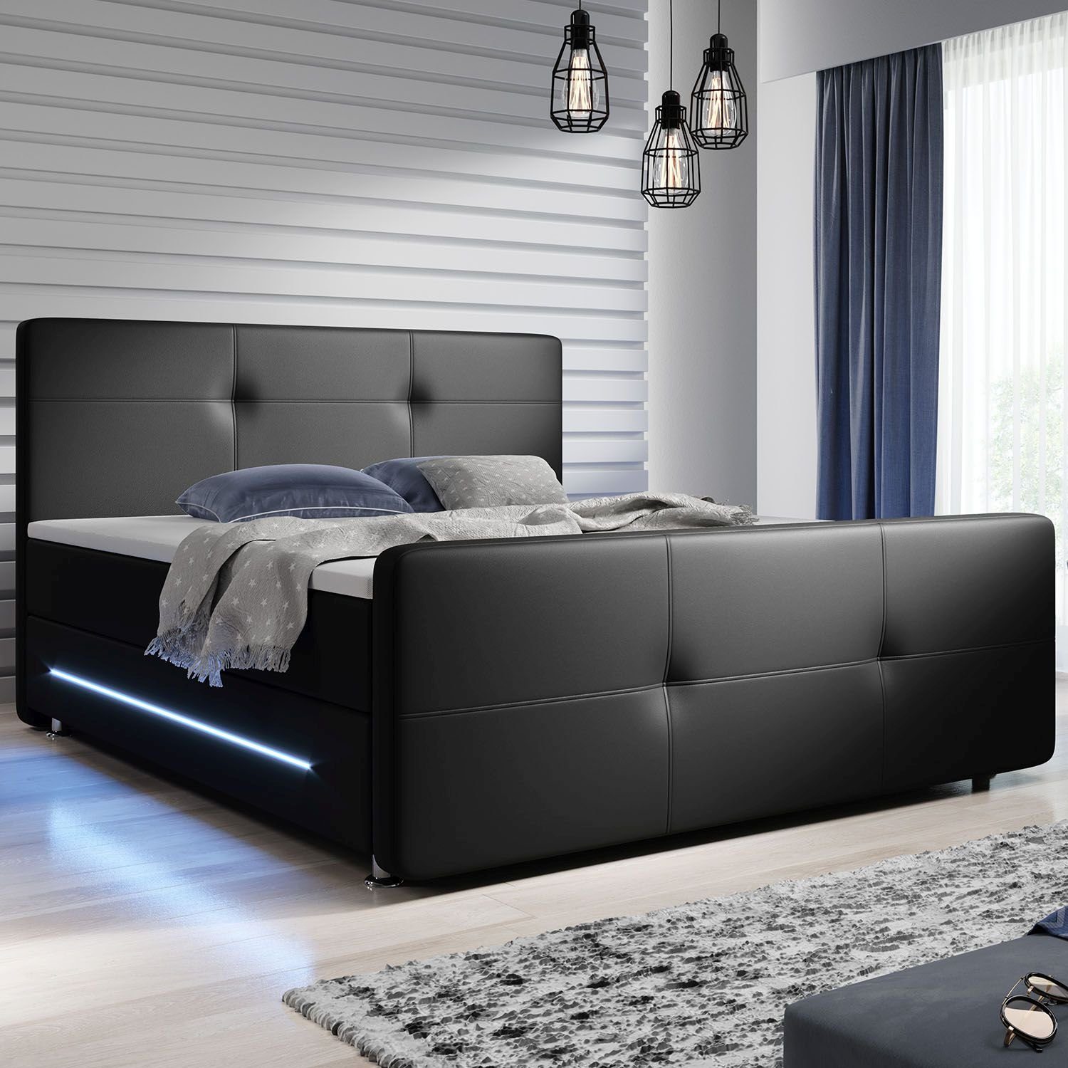 Juskys Boxspringbett Oakland, 140x200 cm, Doppelbett mit Topper, Kopfteil und LED-Beleuchtung