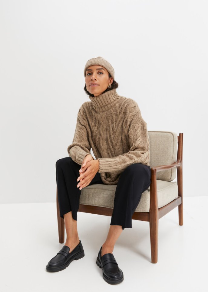 Rollkragen-Pullover mit Zopfmuster