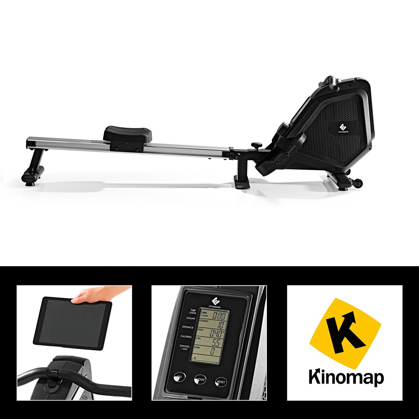 FitEngine Rudergerät mit Magnetwiderstand, 179cm schwarz/silber inkl. Tablethalterung klappbar