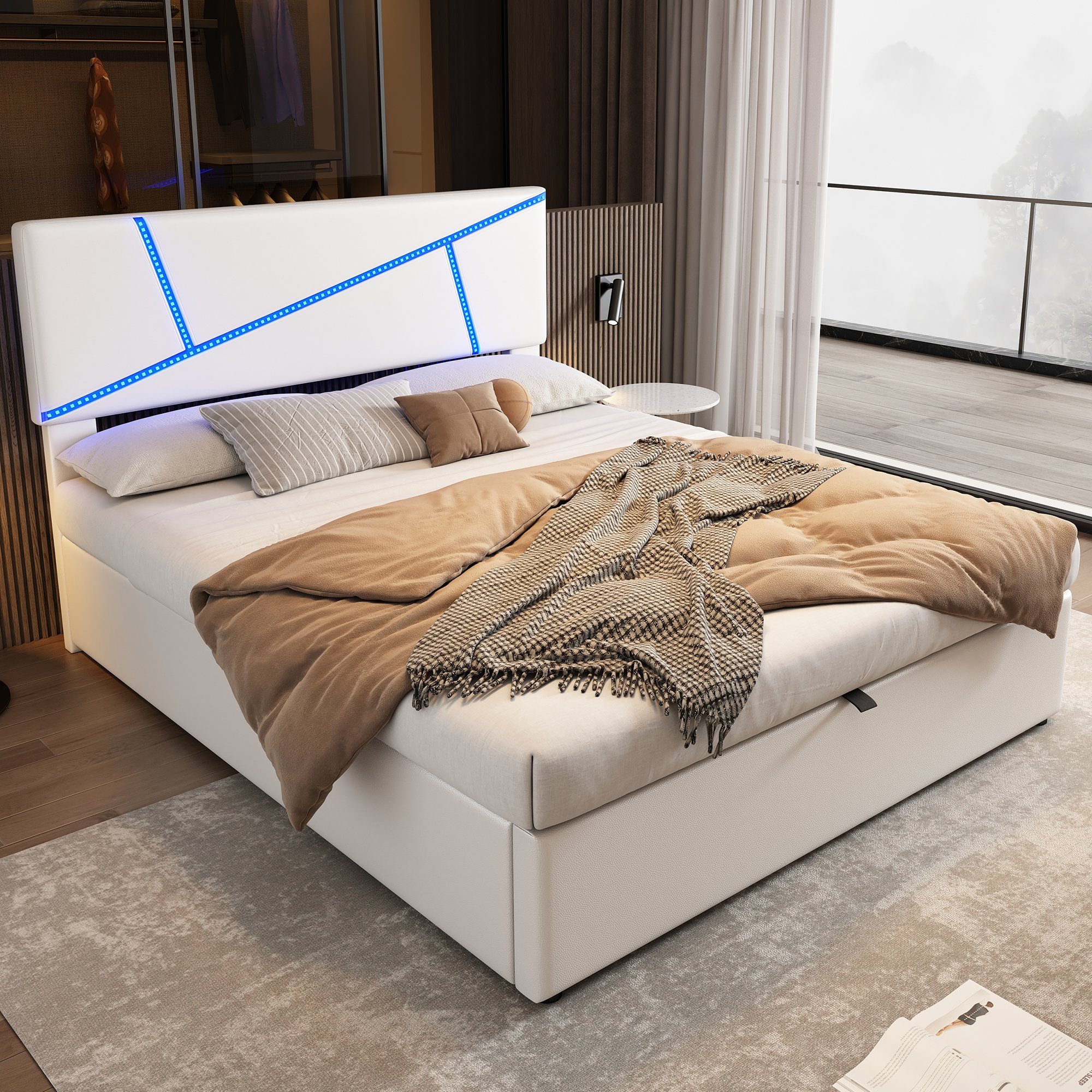 OKWISH Polsterbett Bequemes (mit LED-Lichtleisten,160*200 cm, Doppelbett mit Lattenrost, Rückenlehne, Hydraulisches Funktionsbett, Synthetisches Leder), Weiß